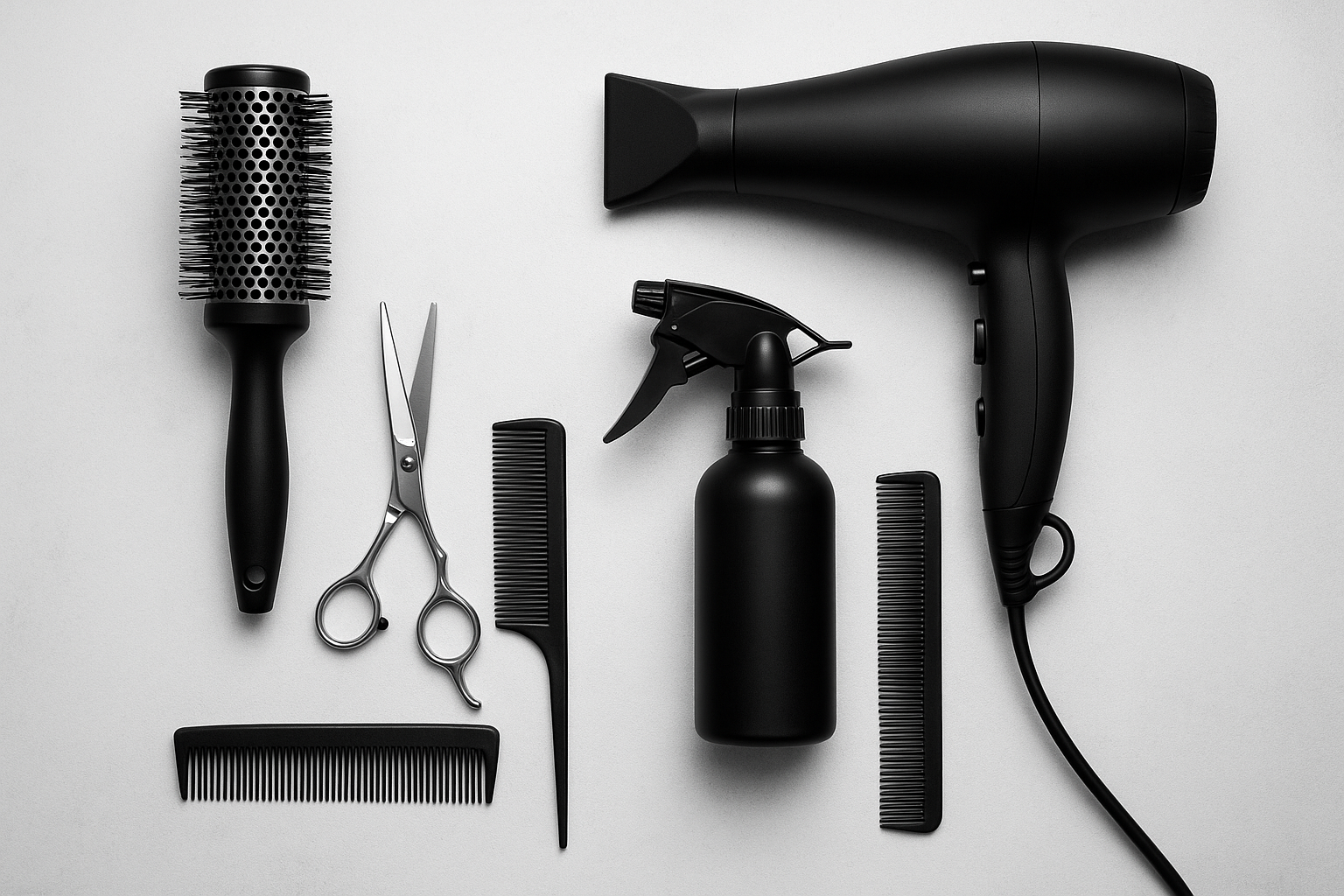 Black hair styling tools including a round brush, scissors, small comb, hair pick, spray bottle, hair dryer, and two black combs, arranged on a light gray background.