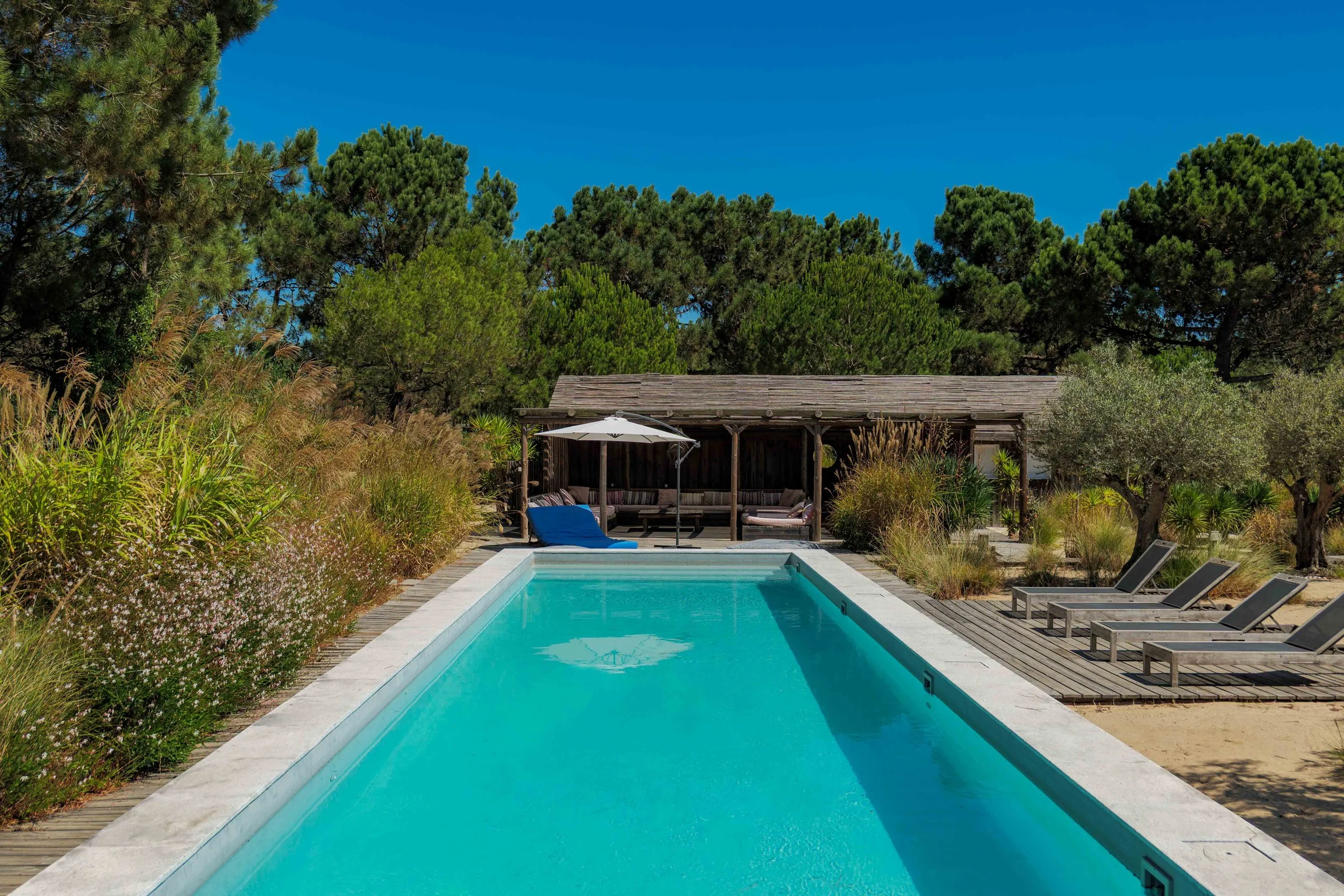 A peaceful outdoor scene features a rectangular swimming pool with clear blue water, surrounded by wooden decking and lounge chairs. In the background, there is a shaded seating area with a white umbrella and lush greenery, including trees and bushes