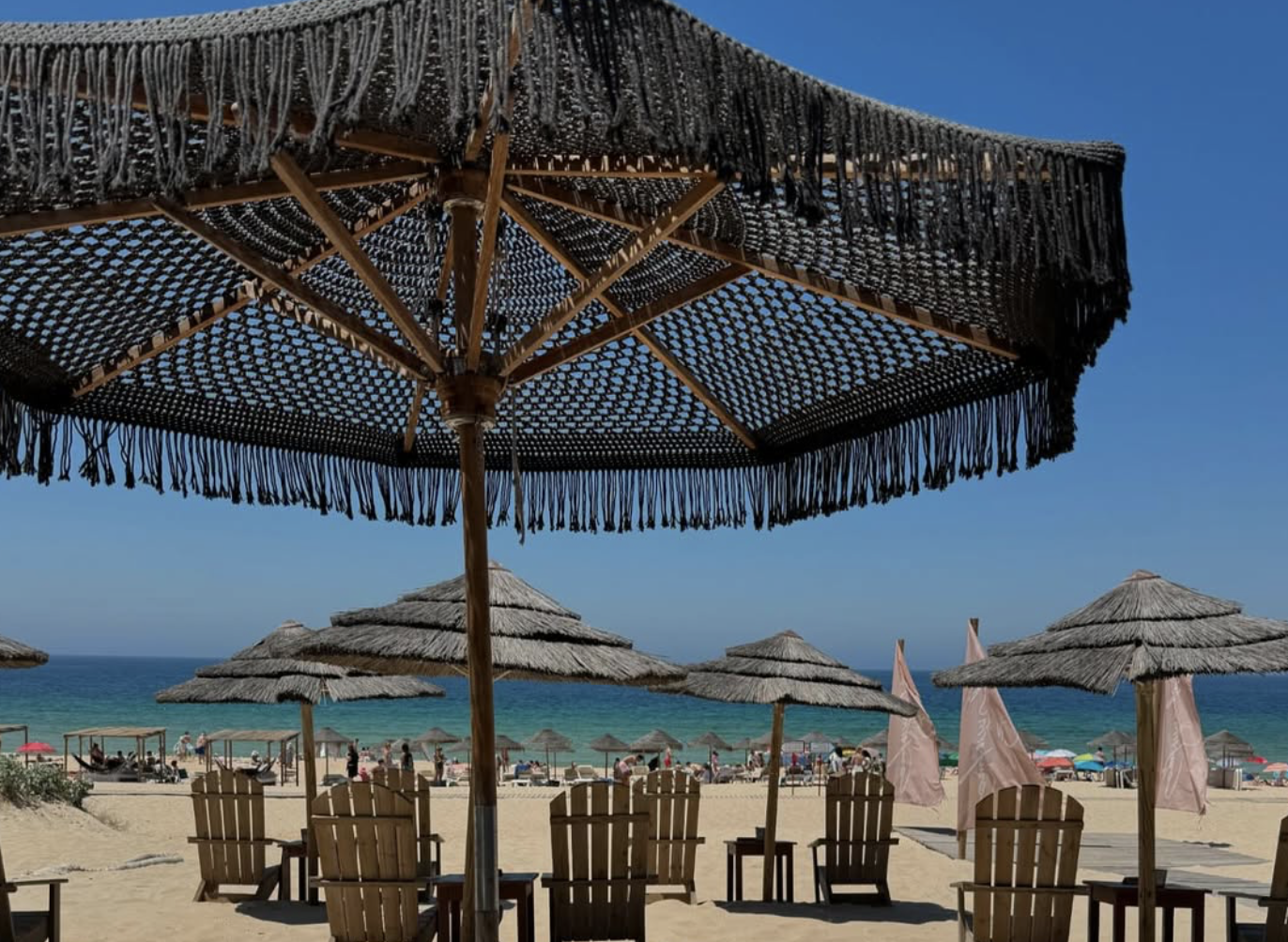 Beach scene with several straw umbrellas and wooden chairs on sandy shore, with people in the background, and clear blue sky and ocean.