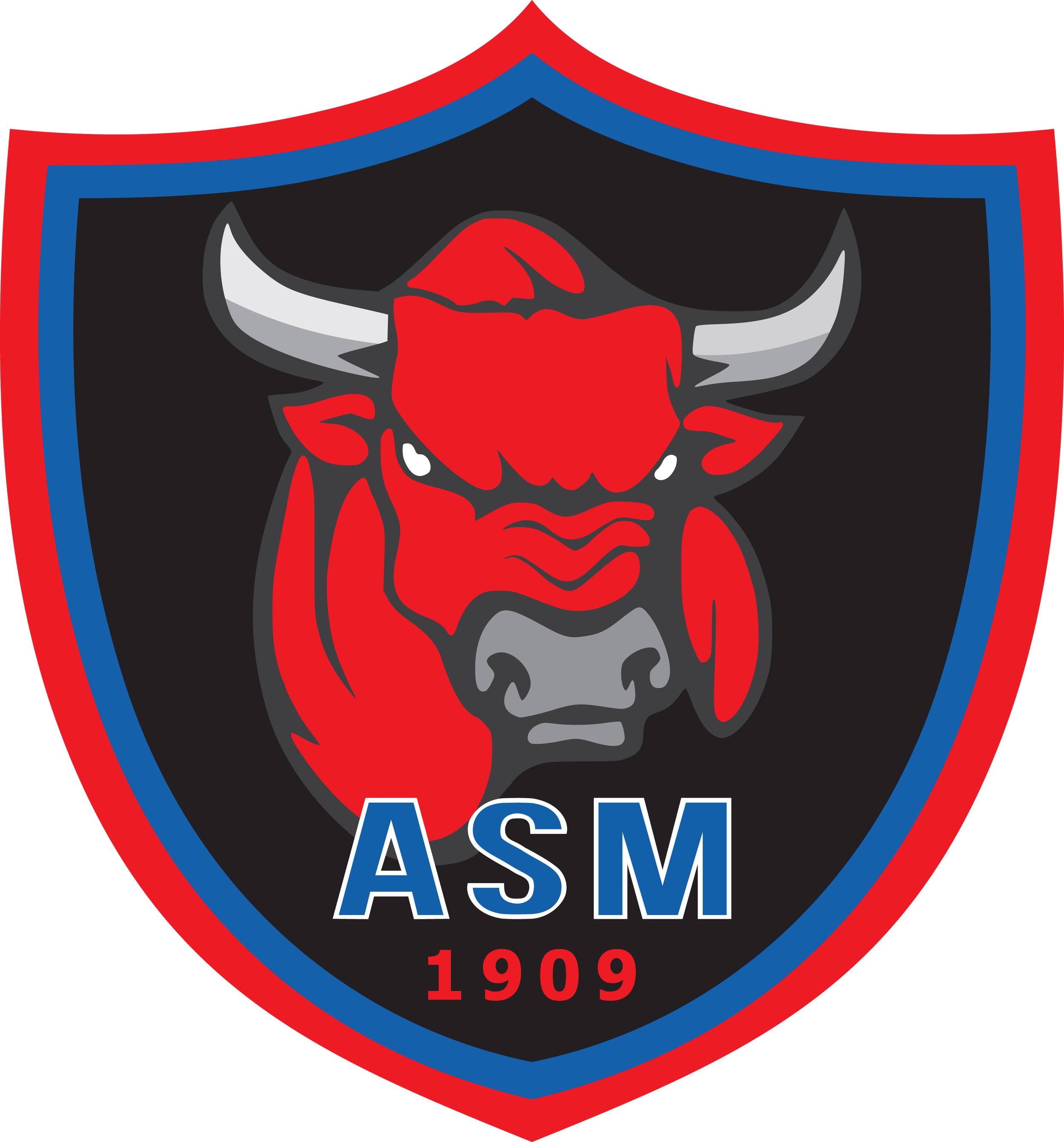 Logo d'une équipe ou organisation avec un taureau rouge et les lettres ASM, année 1909.