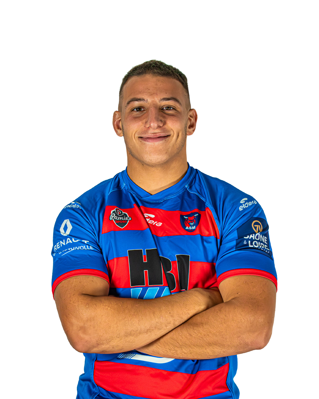 Jeune homme portant un maillot de rugby bleu et rouge avec des bras croisés