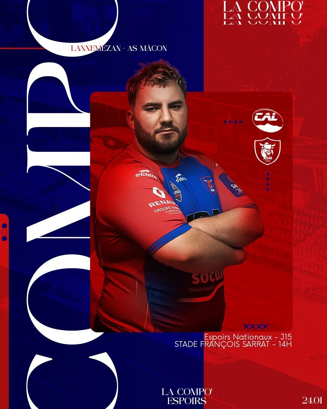 𝐂𝐎𝐌𝐏𝐎 𝐄𝐒𝐏𝐎𝐈𝐑𝐒

D&eacute;couvrez la composition de nos Espoirs face &agrave; Lannemezan ! 🐂

🕒 14H
🏟️ Stade Fran&ccedil;ois Sarrat

𝐄𝐧𝐬𝐞𝐦𝐛𝐥𝐞, 𝓡𝓸𝓾𝓰𝓮 &amp; 𝓑𝓵𝓮𝓾 🔴🔵