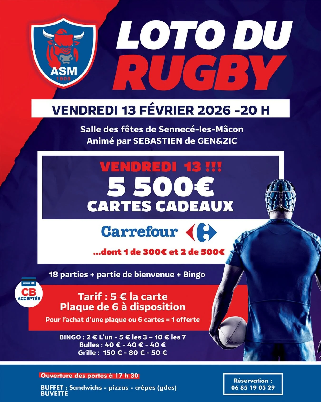 Loto du Rugby  !

Venez tenter votre chance et passer une belle soir&eacute;e conviviale ! De nombreux lots vous attendent : cartes cadeaux, pc portables&hellip; et bien plus encore !

📅 Vendredi 13 f&eacute;vrier &mdash; 20h
📍 Salle des f&ecirc;te