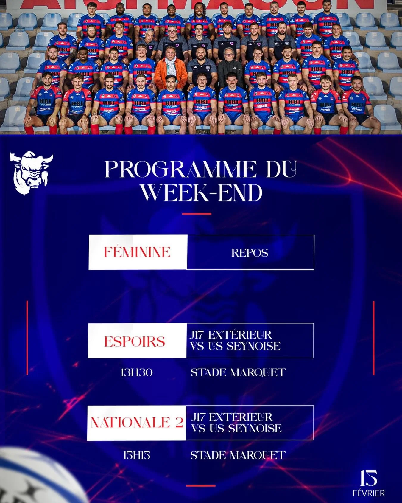 𝐏𝐑𝐎𝐆𝐑𝐀𝐌𝐌𝐄 𝐃𝐔 𝐖𝐄𝐄𝐊-𝐄𝐍𝐃

Repos pour toutes nos cat&eacute;gories ce week-end tandis que nos joueurs se d&eacute;placeront &agrave; la Seyne-Sur-Mer dimanche ! 

𝑬𝒏𝒔𝒆𝒎𝒃𝒍𝒆 𝑹𝒐𝒖𝒈𝒆 &amp; 𝑩𝒍𝒆𝒖 🔴🔵