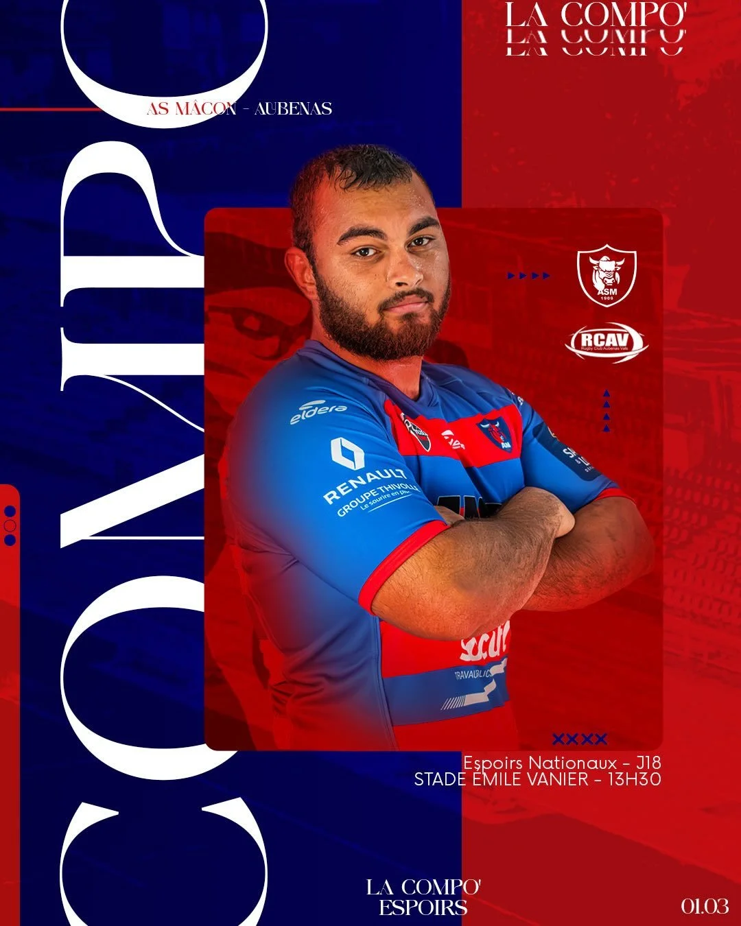 𝐂𝐎𝐌𝐏𝐎 𝐄𝐒𝐏𝐎𝐈𝐑𝐒

D&eacute;couvrez la composition de nos Espoirs face &agrave; Aubenas ! 🐂

🕒 13h30
🏟️ Stade &Eacute;mile Vanier

𝐄𝐧𝐬𝐞𝐦𝐛𝐥𝐞, 𝓡𝓸𝓾𝓰𝓮 &amp; 𝓑𝓵𝓮𝓾 🔴🔵