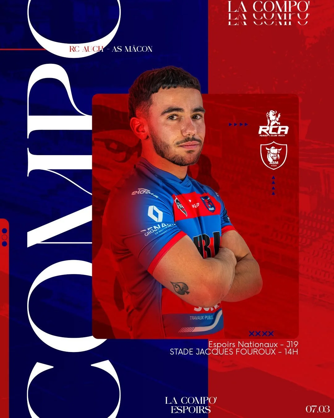 𝐂𝐎𝐌𝐏𝐎 𝐄𝐒𝐏𝐎𝐈𝐑𝐒

D&eacute;couvrez la composition de nos Espoirs face &agrave; Auch ! 🐂

🕒 14h
🏟️ Stade Jacques Fouroux

𝐄𝐧𝐬𝐞𝐦𝐛𝐥𝐞, 𝓡𝓸𝓾𝓰𝓮 &amp; 𝓑𝓵𝓮𝓾 🔴🔵