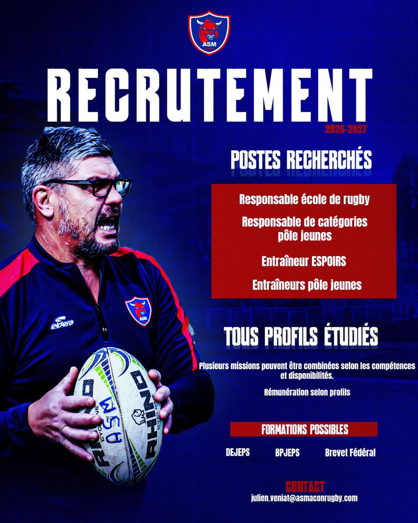 RECRUTEMENT &ndash; P&Ocirc;LE JEUNES 2026/2027

L&rsquo;AS M&acirc;con Rugby poursuit le d&eacute;veloppement de son projet de formation et renforce son encadrement pour la saison 2026-2027.

Dans le cadre de la structuration de notre p&ocirc;le jeu