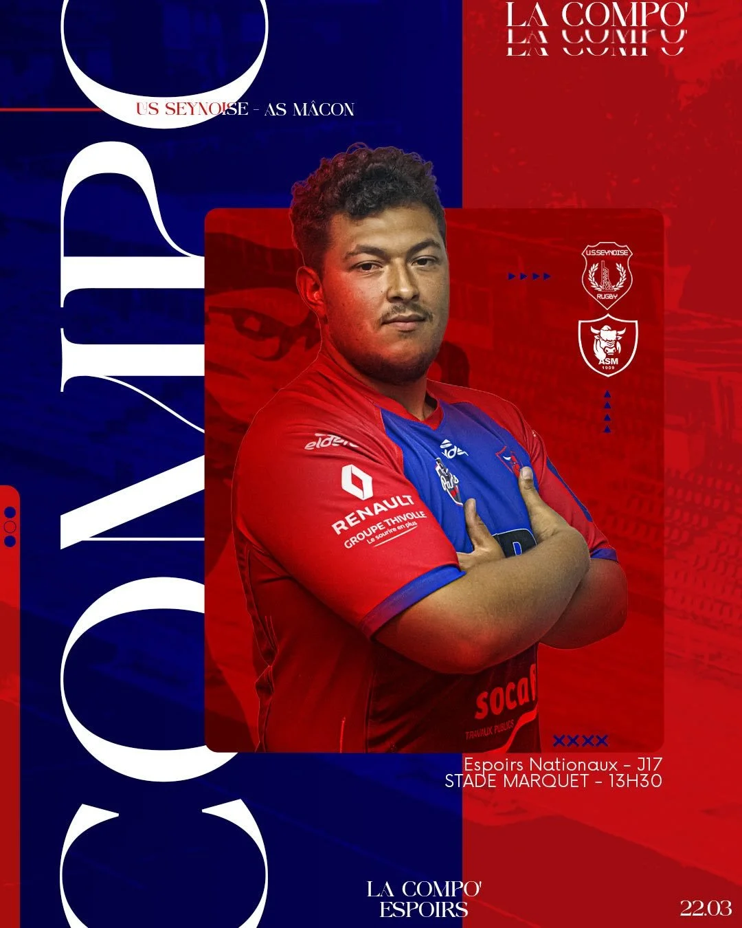 𝐂𝐎𝐌𝐏𝐎 𝐄𝐒𝐏𝐎𝐈𝐑𝐒

D&eacute;couvrez la composition de nos Espoirs face &agrave; l&rsquo;US Seynoise ! 🐂

🕒 13h30
🏟️ Stade Marquet

𝐄𝐧𝐬𝐞𝐦𝐛𝐥𝐞, 𝓡𝓸𝓾𝓰𝓮 &amp; 𝓑𝓵𝓮𝓾 🔴🔵