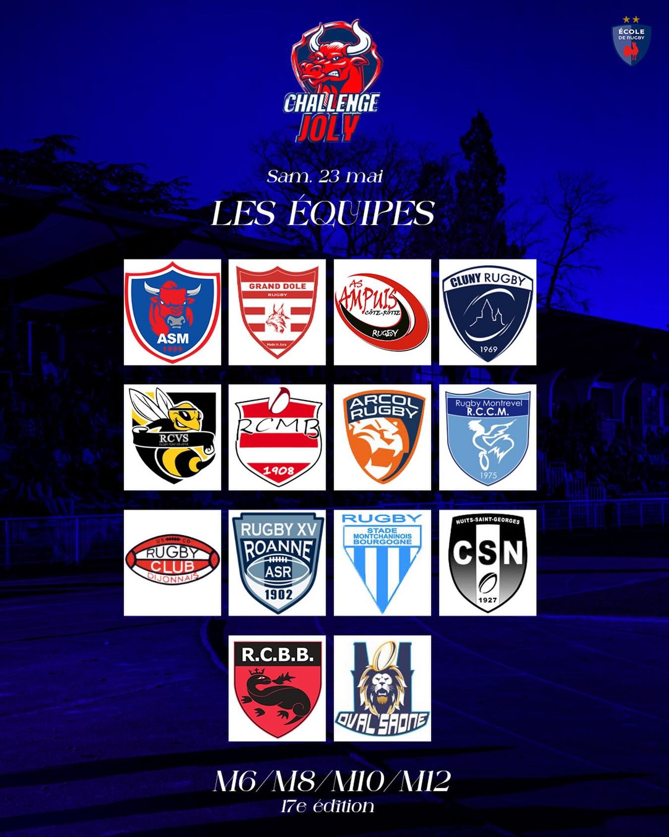 𝐓𝐎𝐔𝐑𝐍𝐎𝐈 𝐉𝐎𝐋𝐘

D&eacute;couvrez les &eacute;quipes qui participeront &agrave; la 17ᵉ &eacute;dition du Tournoi Joly le 23 mai&hellip; d&eacute;j&agrave; dans moins de deux mois ! 🔥

Pr&eacute;parez-vous pour une journ&eacute;e de rugby et 