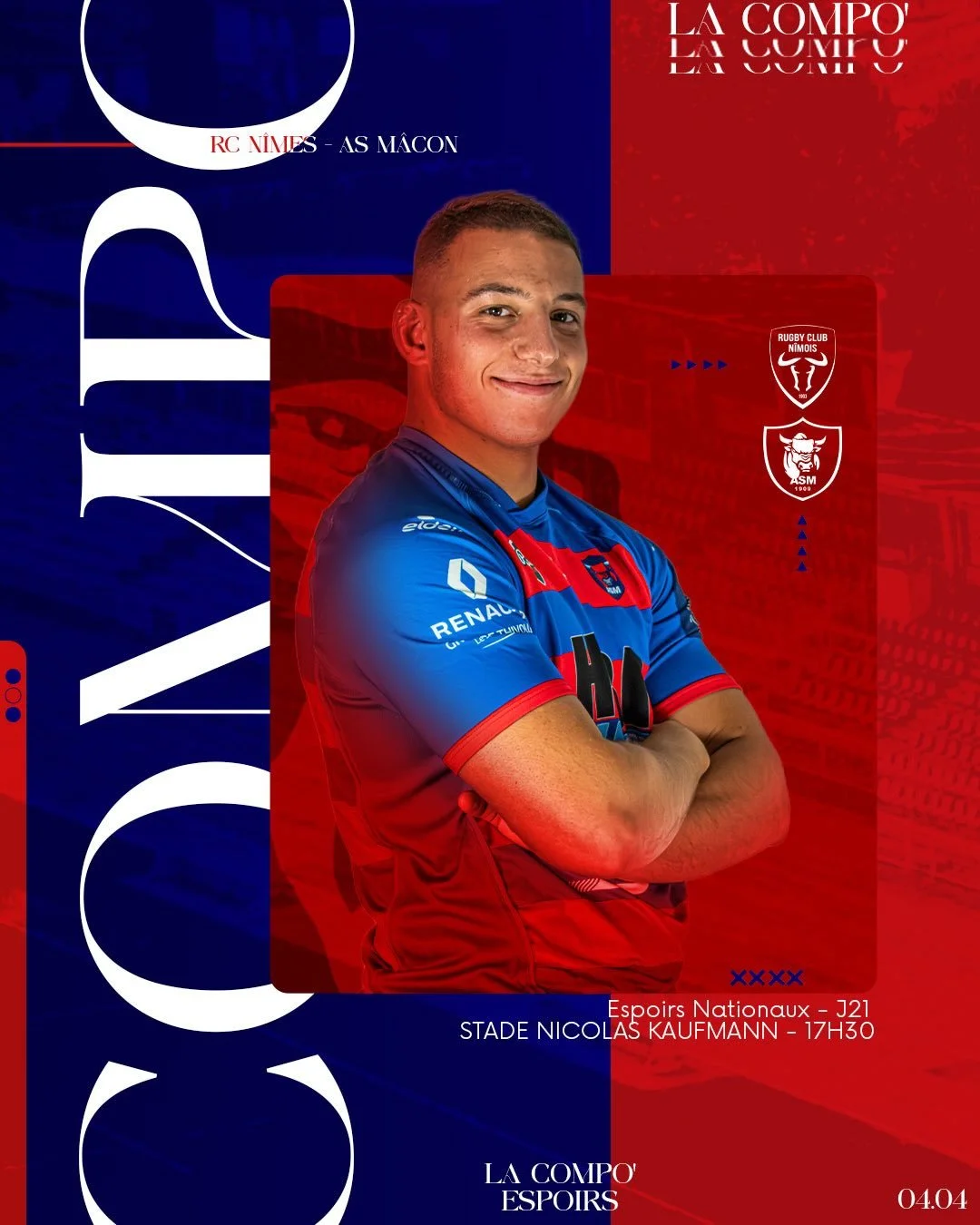 𝐂𝐎𝐌𝐏𝐎 𝐄𝐒𝐏𝐎𝐈𝐑𝐒

D&eacute;couvrez la composition de nos Espoirs face &agrave; N&icirc;mes ! 🐂

🕒 17h30
🏟️ Stade Nicolas Kaufmann

𝐄𝐧𝐬𝐞𝐦𝐛𝐥𝐞, 𝓡𝓸𝓾𝓰𝓮 &amp; 𝓑𝓵𝓮𝓾 🔴🔵