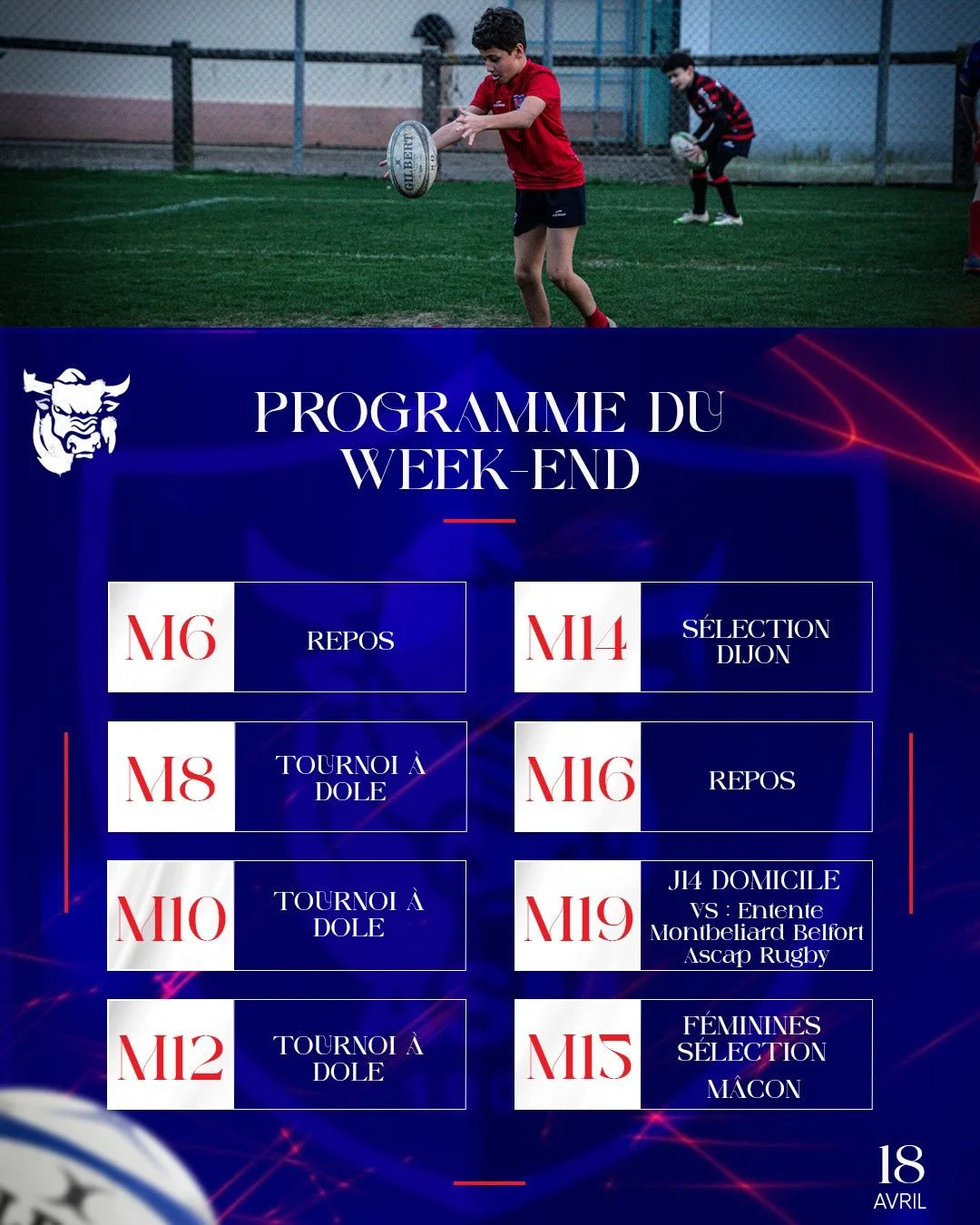 𝐏𝐑𝐎𝐆𝐑𝐀𝐌𝐌𝐄 𝐃𝐔 𝐖𝐄𝐄𝐊-𝐄𝐍𝐃

Voici le programme de ce week-end ! 

𝐄𝐧𝐬𝐞𝐦𝐛𝐥𝐞 𝐑𝐨𝐮𝐠𝐞 &amp; 𝐁𝐥𝐞𝐮 🔴🔵