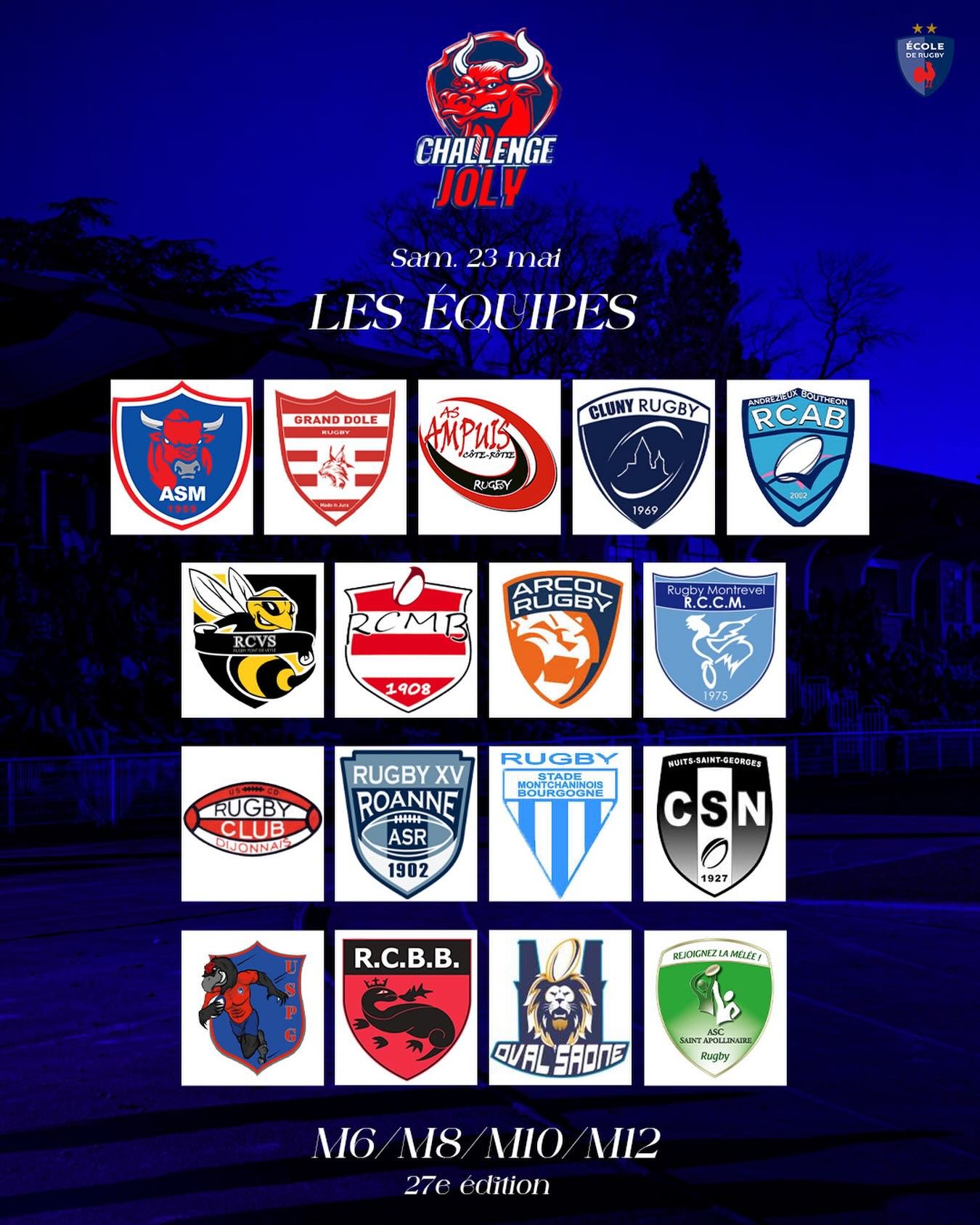 𝐓𝐎𝐔𝐑𝐍𝐎𝐈 𝐉𝐎𝐋𝐘 

Le Tournoi Joly, c&rsquo;est d&eacute;j&agrave; dans une semaine ! 

D&eacute;couvrez la liste d&eacute;finitive des &eacute;quipes qui participeront &agrave; cette 27e edition.

On vous attend nombreux pour venir profiter d