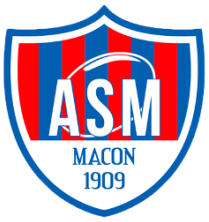 Insigne de l'équipe de football ASM Mâcon, avec un bouclier à rayures rouges et bleues, le texte ASM en blanc, et la mention Mâcon 1909.