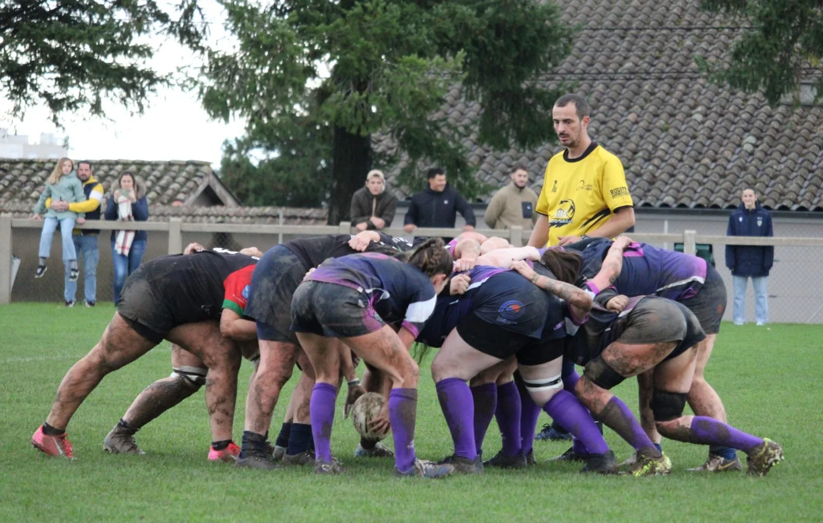Une scène de rugby avec des joueurs en mêlée sur un terrain vert, entourés de spectateurs observant derrière une barrière.
