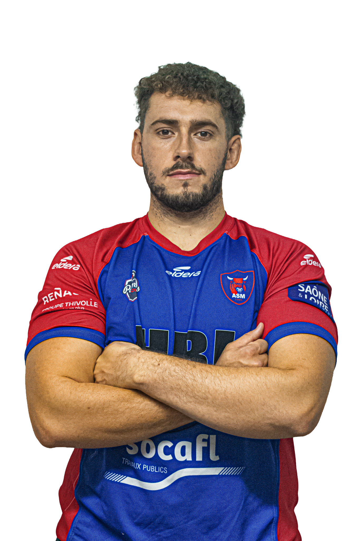 Un joueur de rugby posant avec les bras croisés, portant un maillot de l'ASM Clermont Auvergne, une équipe de rugby française.