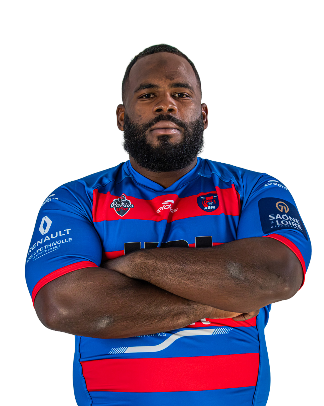 Un joueur de rugby en maillot bleu avec des bandes rouges, bras croisés, regard sérieux, fond transparent.