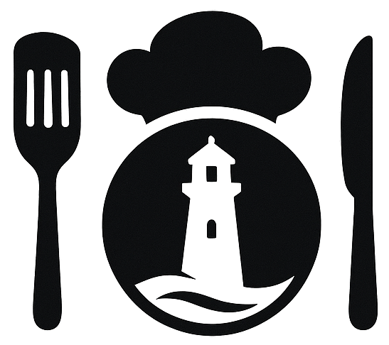 A chalk drawing of a lighthouse inside a circle, surrounded by a cloud and with a fork on the left and a knife on the right, representing a nautical or seaside theme.