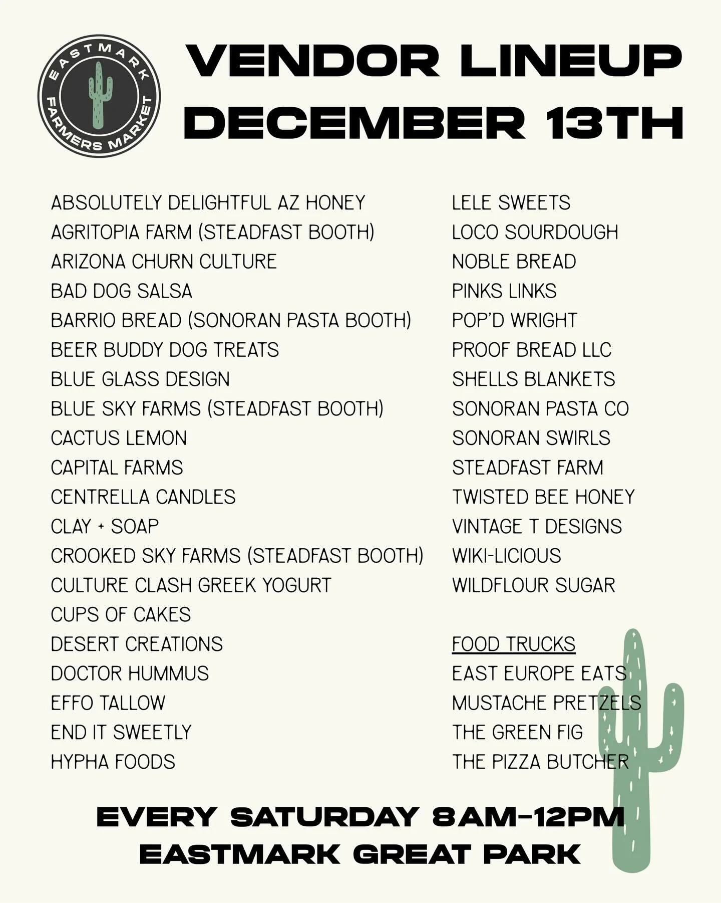This week&rsquo;s market vendor lineup! See you Saturday 8am-12pm!

Eastmark Great Park
5100 S. Eastmark Pkwy
Mesa, AZ 85212

*Dog Friendly *

@adazhoney @agritopiafarm @arizonachurnculture @baddogsalsa @barriobread @beerbuddytreats @blueglassdesign 