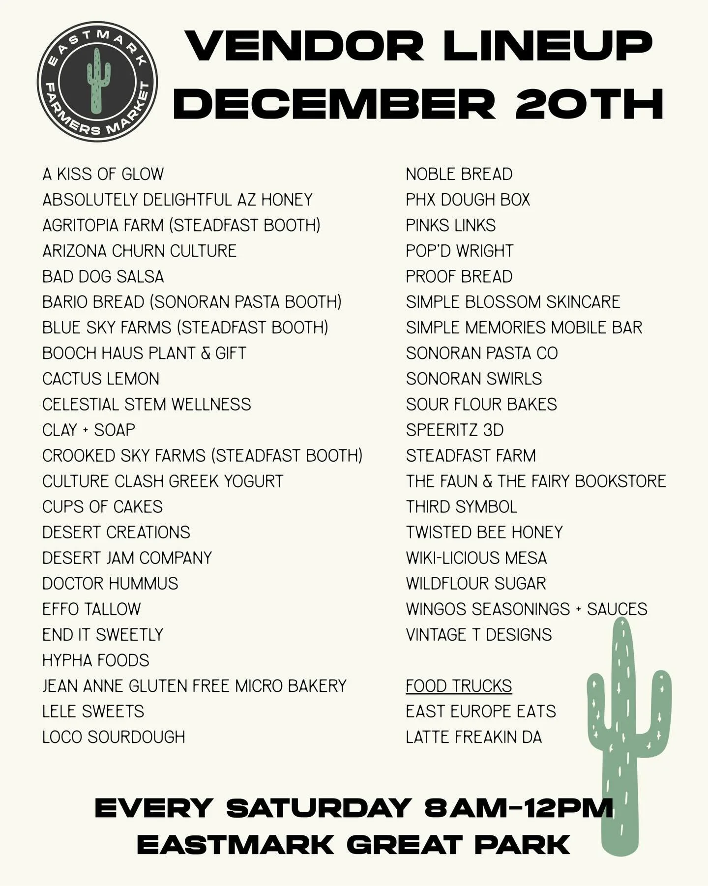 This week&rsquo;s market vendor lineup! See you Saturday 8am-12pm! This is the last market of the year so come and stock up! *No market on 12/27 due to the holidays. 

Eastmark Great Park
5100 S. Eastmark Pkwy
Mesa, AZ 85212

*Dog Friendly *

@akisso