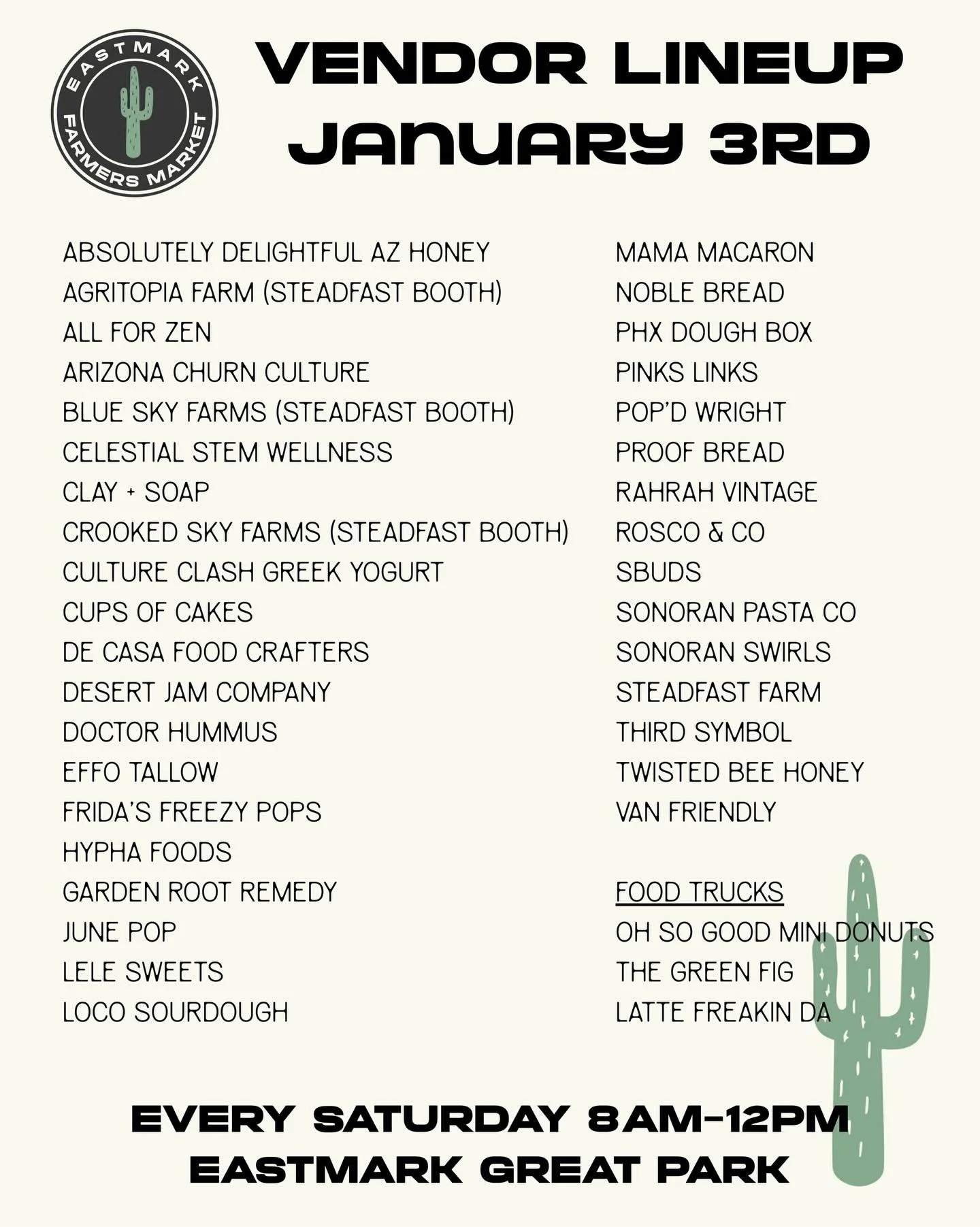 This week&rsquo;s market vendor lineup! We can&rsquo;t wait to see you all this Saturday for our first market of 2026!

8am-12pm
Eastmark Great Park
5100 S. Eastmark Pkwy
Mesa, AZ 85212

*Dog Friendly *

@adazhoney @agritopiafarm @allforzen @arizonac