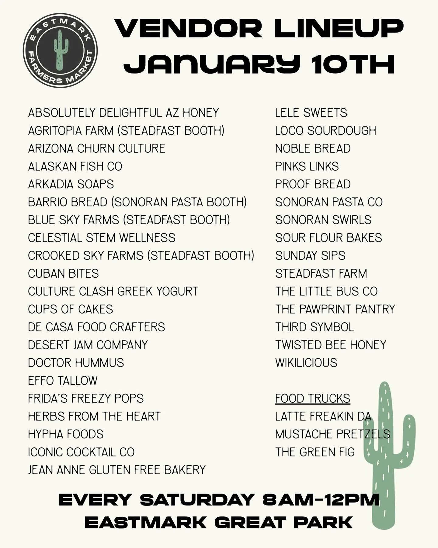 This week&rsquo;s market vendor lineup! We have lots of great new vendors!

8am-12pm
Eastmark Great Park
5100 S. Eastmark Pkwy
Mesa, AZ 85212

*Dog Friendly *

@adazhoney @agritopiafarm @arizonachurnculture @arkadia_soaps @barriobread @blueskyorganic