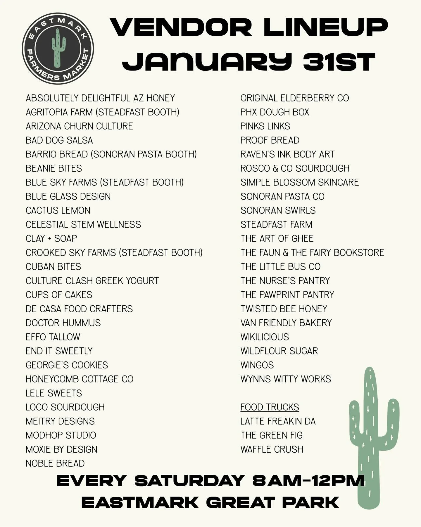 This week&rsquo;s market vendor lineup! See you Saturday!

8am-12pm
Eastmark Great Park
5100 S. Eastmark Pkwy
Mesa, AZ 85212

*Pet Friendly*

@adazhoney @agritopiafarm @arizonachurnculture @baddogsalsa @barriobread @kidslovebeaniebites @blueskyorgani