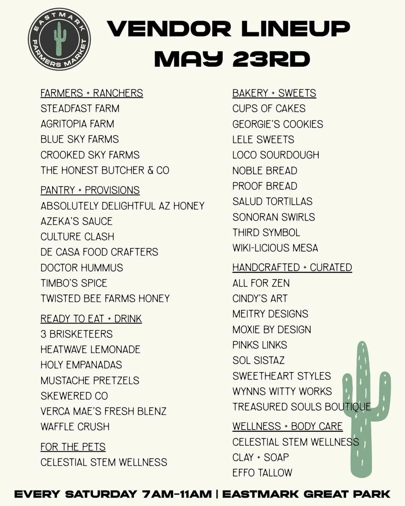 Your Memorial Day cookout called. It wants local beef, vegetables picked this week, fresh herbs, small batch marinades and spices, and desserts made from scratch.

We&rsquo;ve got all of it. This Saturday! 🇺🇸 

Here is this week&rsquo;s vendor line