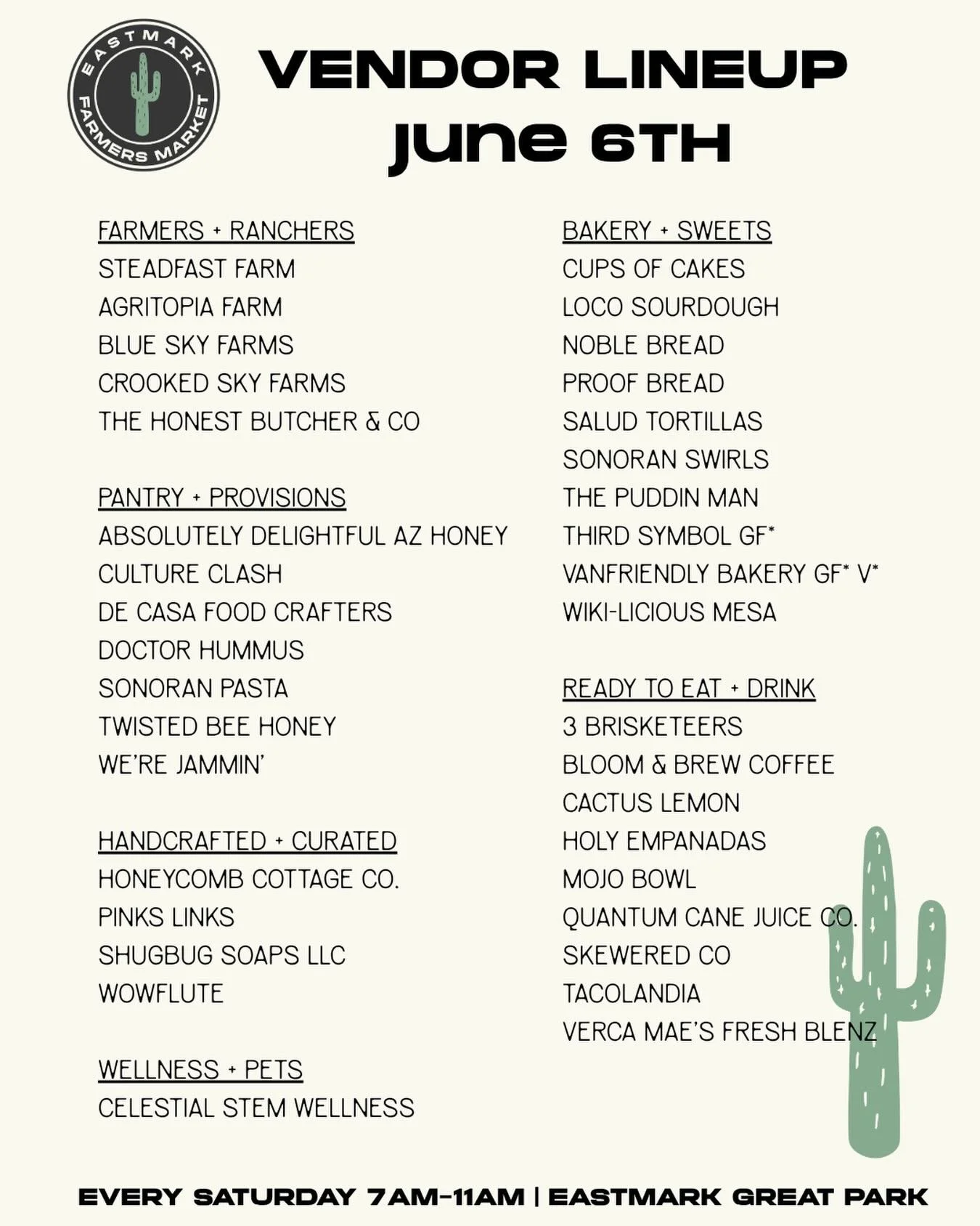 It&rsquo;s getting hot and our summer vendors need you more than ever! We are out early enough for you still to enjoy the outdoors. 

The lineup is leaner but the staples are all here. Fresh produce, quality meats, artisan breads, small batch yogurt,