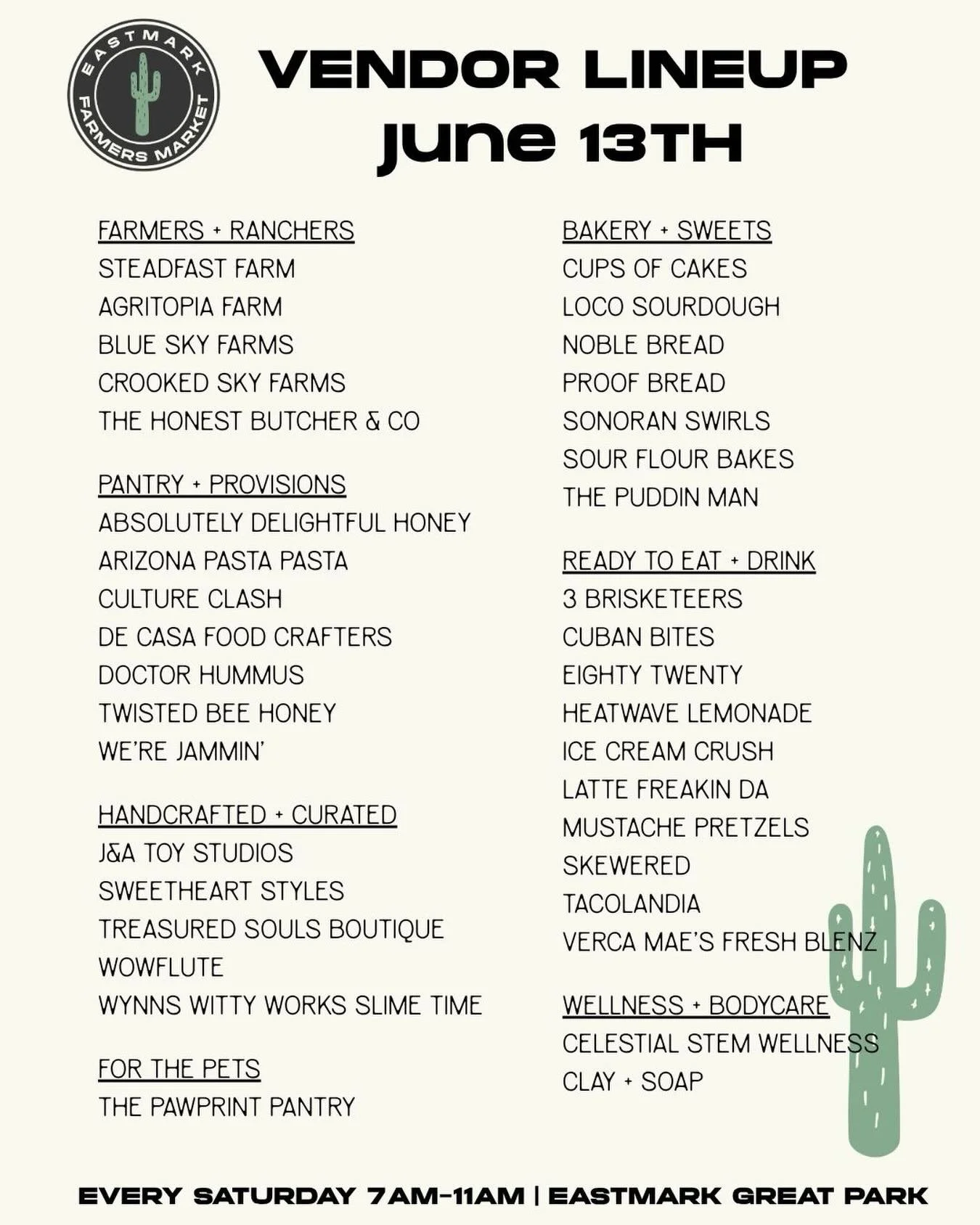 Your Saturday lineup is here! Come hungry because our ready to eat + drink vendors are some of the best around, and that&rsquo;s just the beginning!

See you this weekend | 7am-11am

#knowyourfarmer #farmfresh #localfarmersmarket #eatlocal #shoplocal