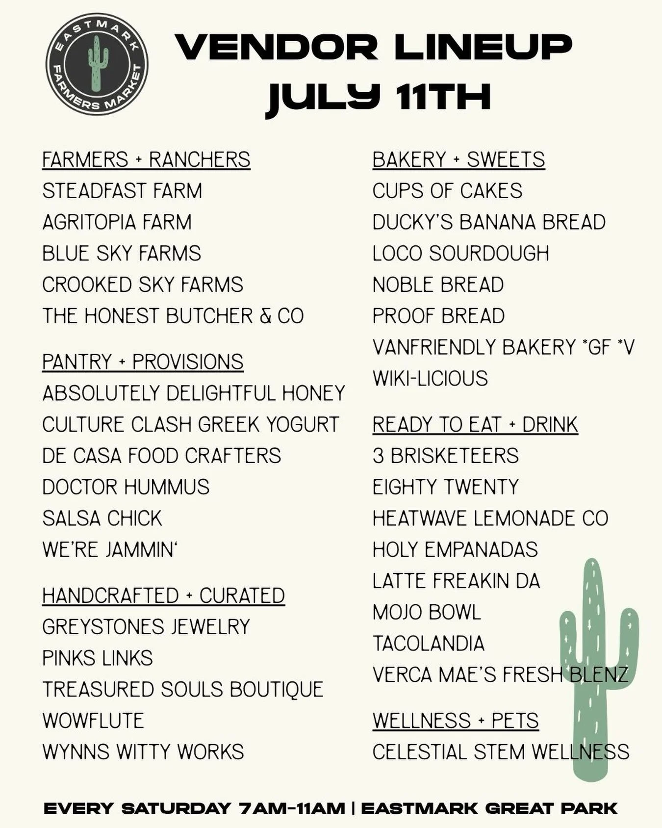 We&rsquo;re back this Saturday with a great lineup and a few changes to keep our vendors comfortable in the July heat! 

Both rows will be facing west so be sure to explore both aisles so you don&rsquo;t miss anyone!

Fresh produce, breads, honey, ha
