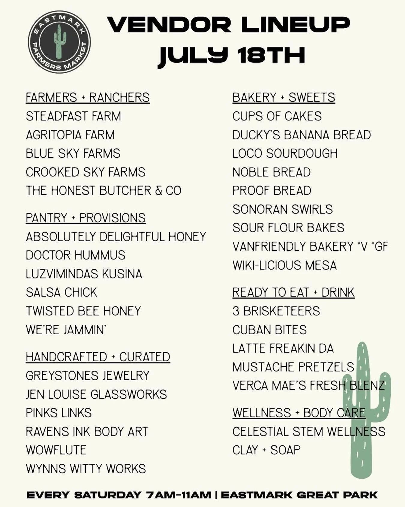 This week&rsquo;s vendor lineup is ready and waiting for you. It will be the perfect morning. Rain or shine, we will be here. 

Saturday | 7-11am. 

Eastmark Great Park
5100 S Eastmark Pkwy
Mesa, AZ 85212

#eastmarkfarmersmarket #mesaaz #shopsmallaz 
