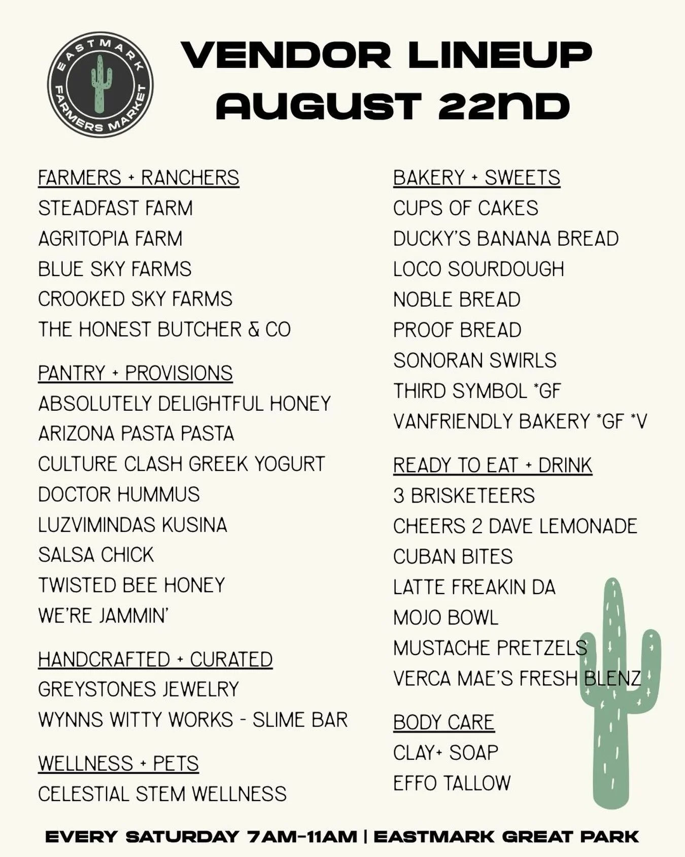 Here&rsquo;s this week&rsquo;s vendor lineup!

Summer may still be holding on, but you&rsquo;re ready for a reason to get out of the house!

Come early and walk the market before the day heats up and support our great local businesses along the way.
