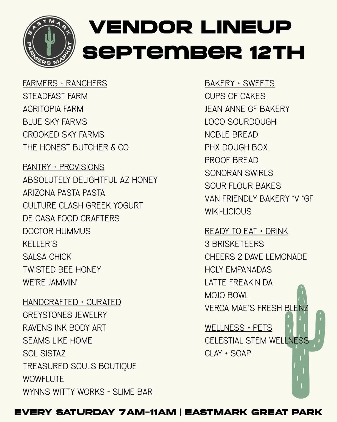 Now this is a lineup! 

Here are the vendors joining us this Saturday, including some familiar favorites returning from summer break. September is starting to look pretty good around here!

Saturday | 7&ndash;11am
5100 S Eastmark Pkwy
Mesa, AZ 85212
