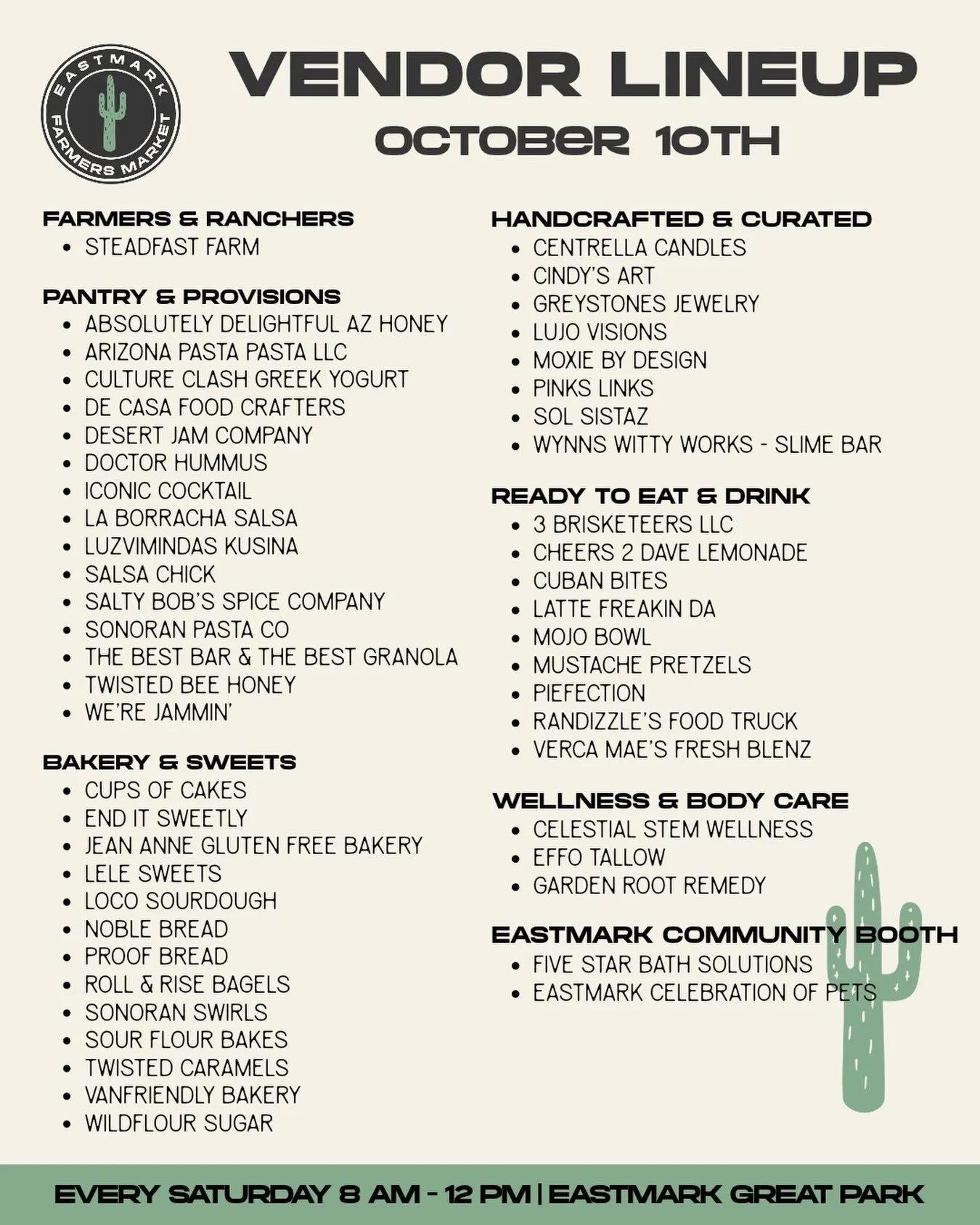 Here&rsquo;s your October 10th vendor lineup! You may need a bigger bag for this one. 

Saturday | 8am - 12pm
Eastmark Great Park
5100 S Eastmark Pkwy
Mesa, AZ 85212

#eastmarkfarmersmarket #eastmarkaz #mesaaz #mesafarmersmarket #shoplocalaz

@cups_o