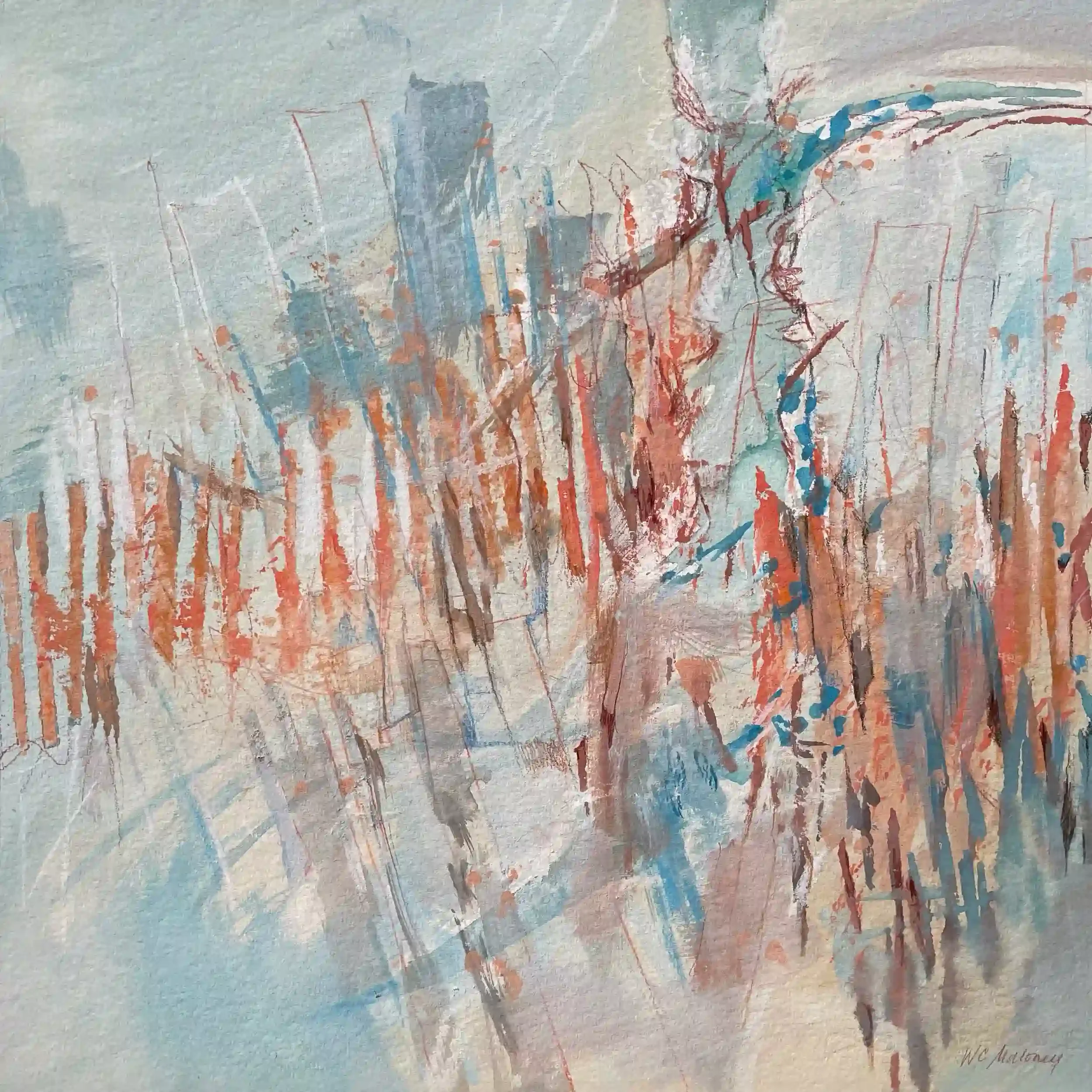  Breakthrough  Mixed media on paper, 20-1/8 x 20-1/8" Brushed silver metal frame, white mat. 2026. $1050