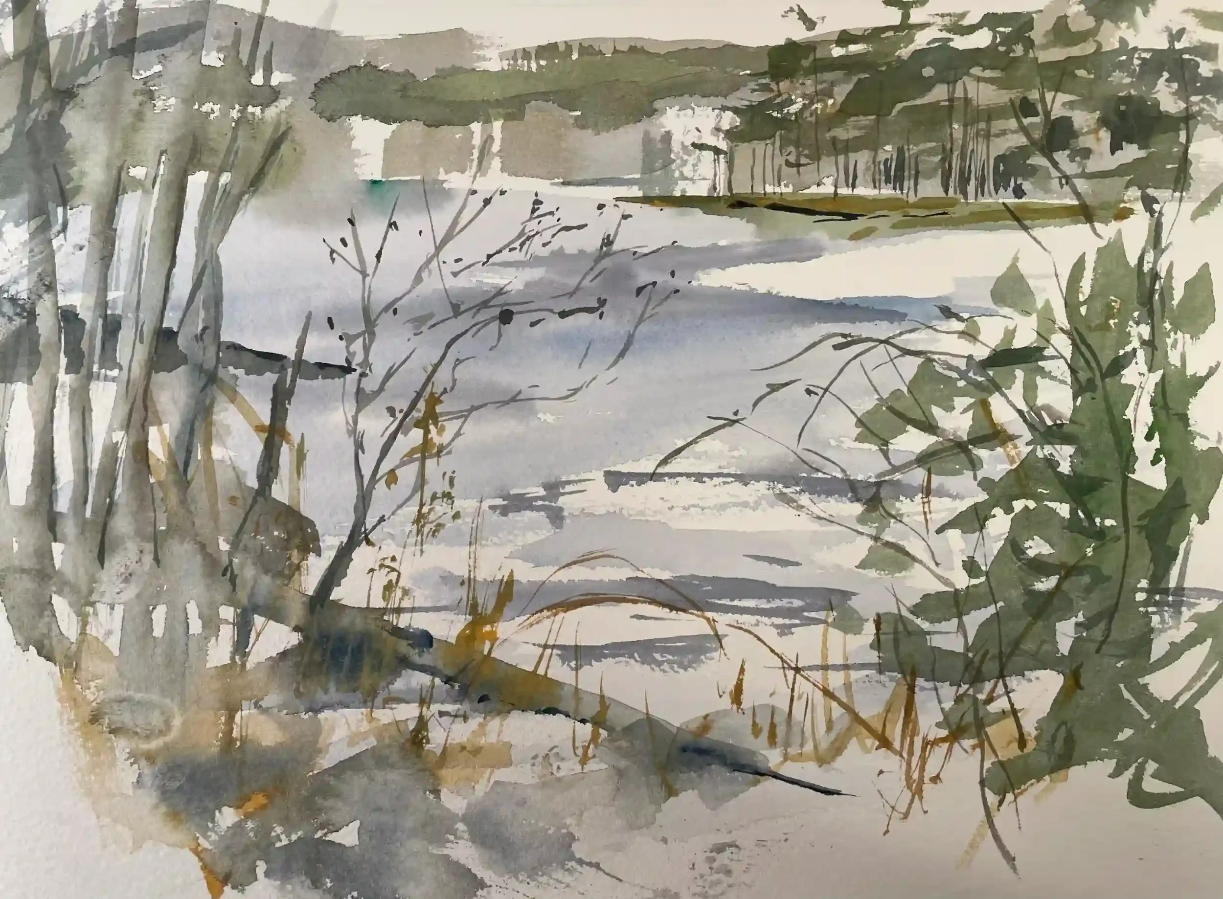  Pond, at Northwood  Watercolor, 15-7/8 x 20-1/8" German silver metal frame, white mat. 2024. $895