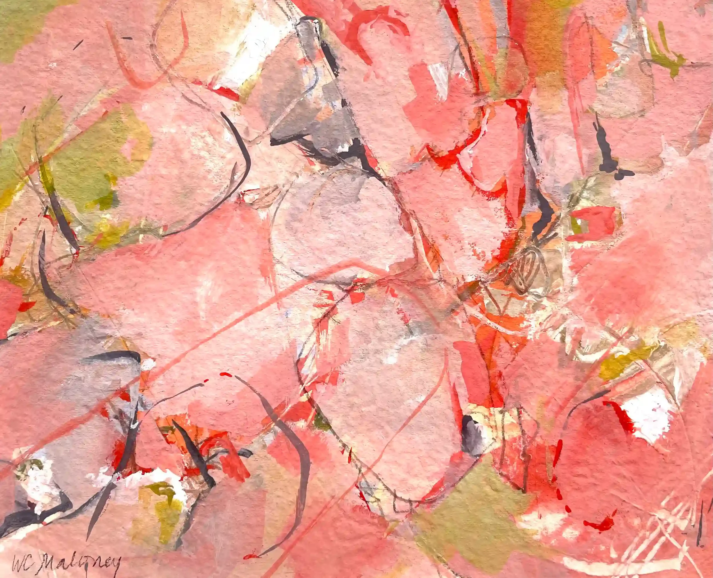  Hot Pink Summer  Mixed media on paper, 10-3/4 x 11-3/4" Brushed silver metal frame, white mat. 2024. $550