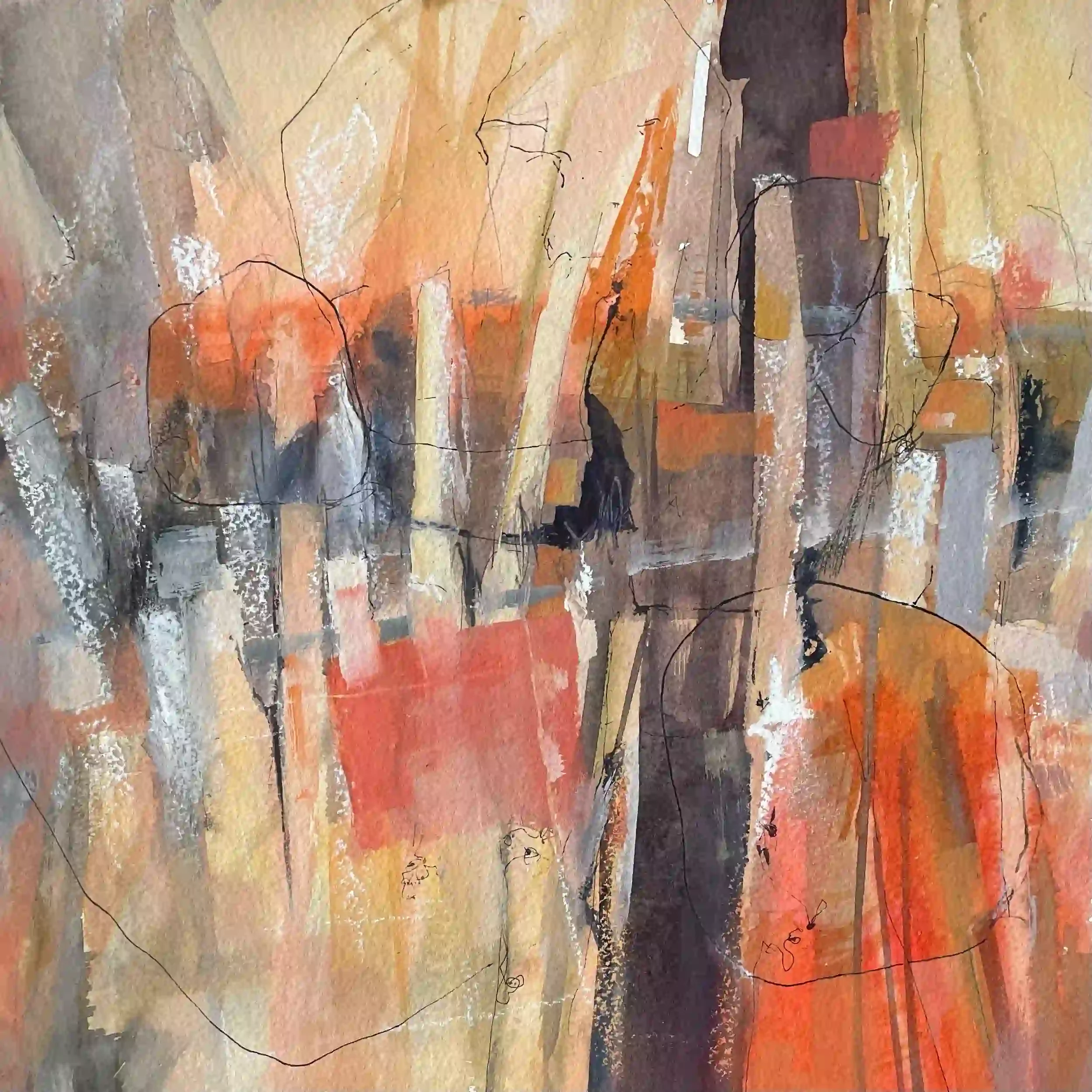  Private Conversations  Mixed media on paper, 20-1/8 x 20-1/8" Black metal frame, white mat. 2024. $1025