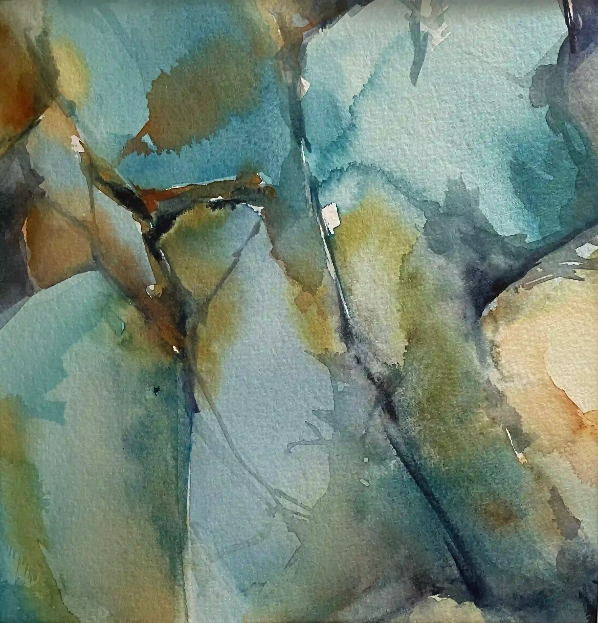  Aqua Bliss  Watercolor, 15-3/8 x 15-3/8" Brushed silver metal frame, white mat. 2021. $725