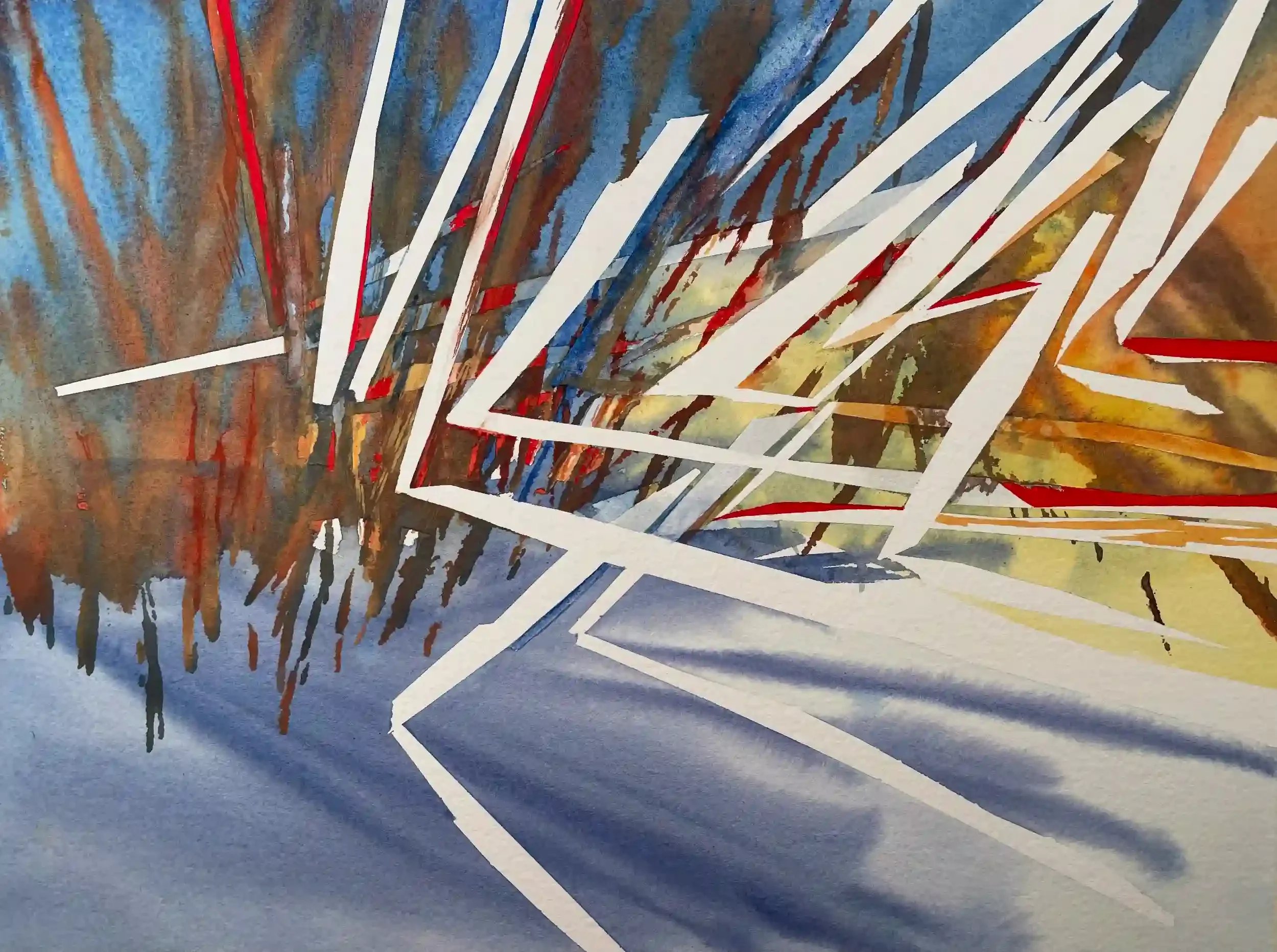  Winter Light  Mixed media on paper, 16-5/8 x 20-1/8" Brushed silver metal frame, white mat. 2024. $975