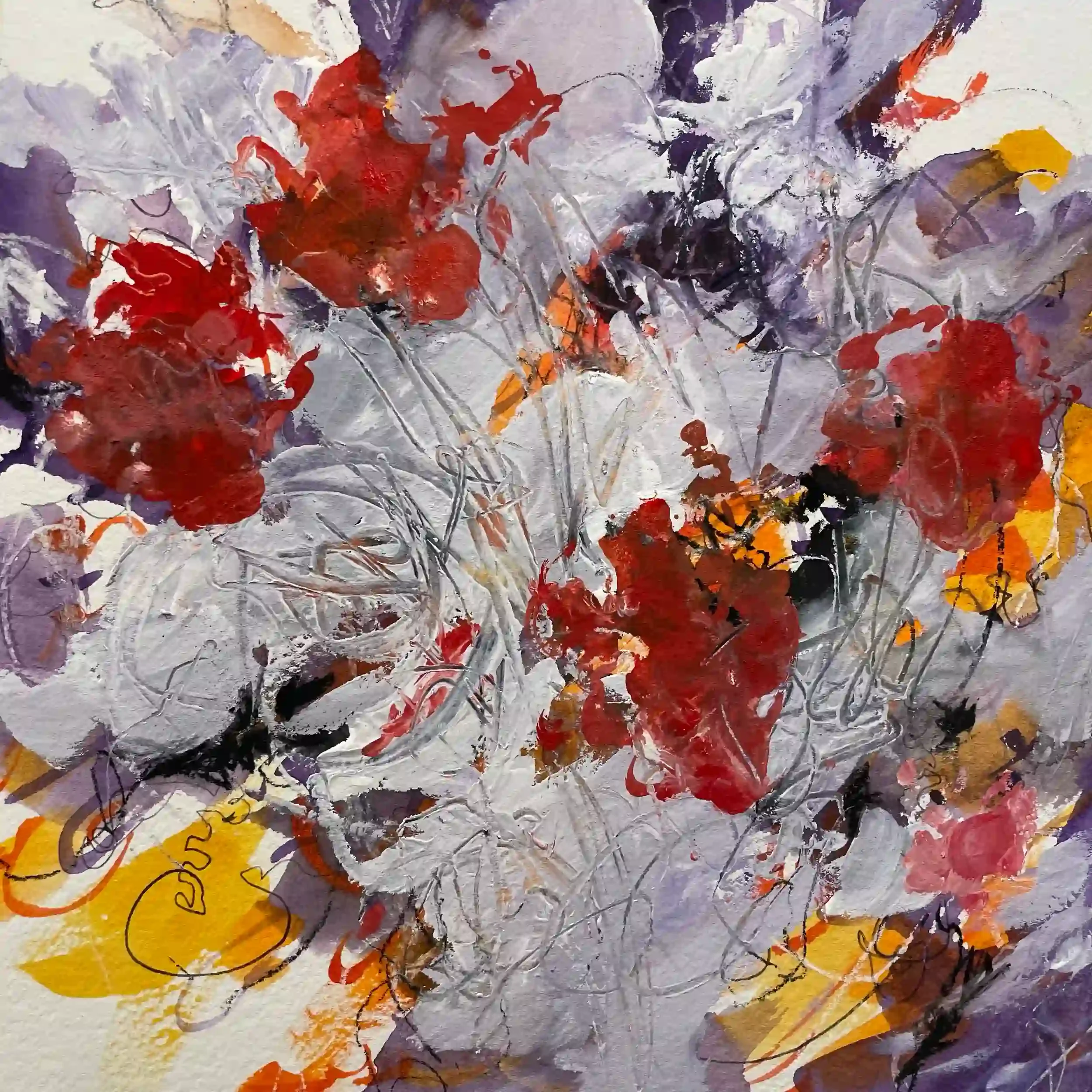  Winter Blooms  Mixed media on paper, 16-1/2 x 15-5/8" Brushed silver metal frame, white mat. 2026. $875