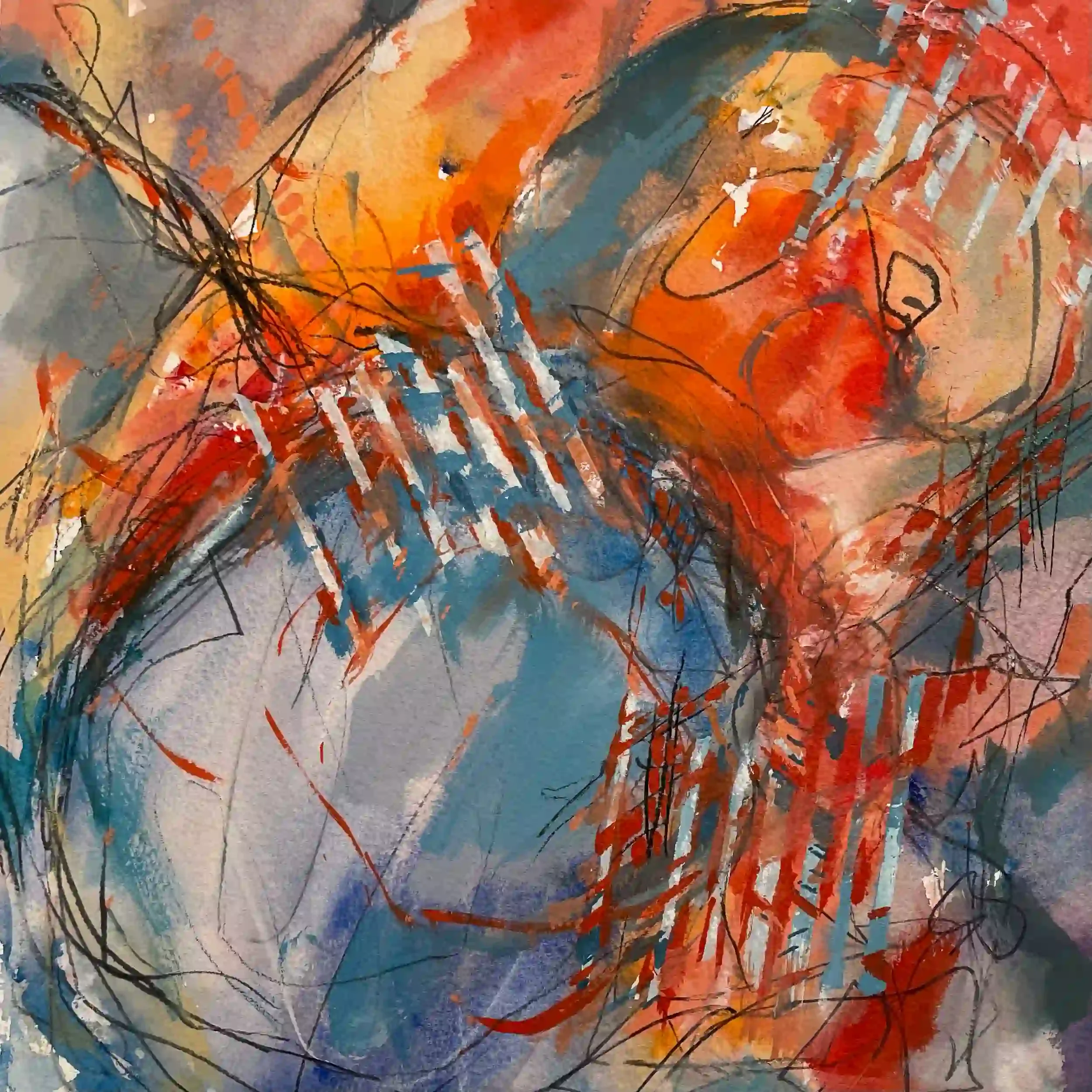  Set Free  Mixed media on paper, 16-3/4 x 16-3/4" Brushed silver metal frame, white mat. 2026. $850