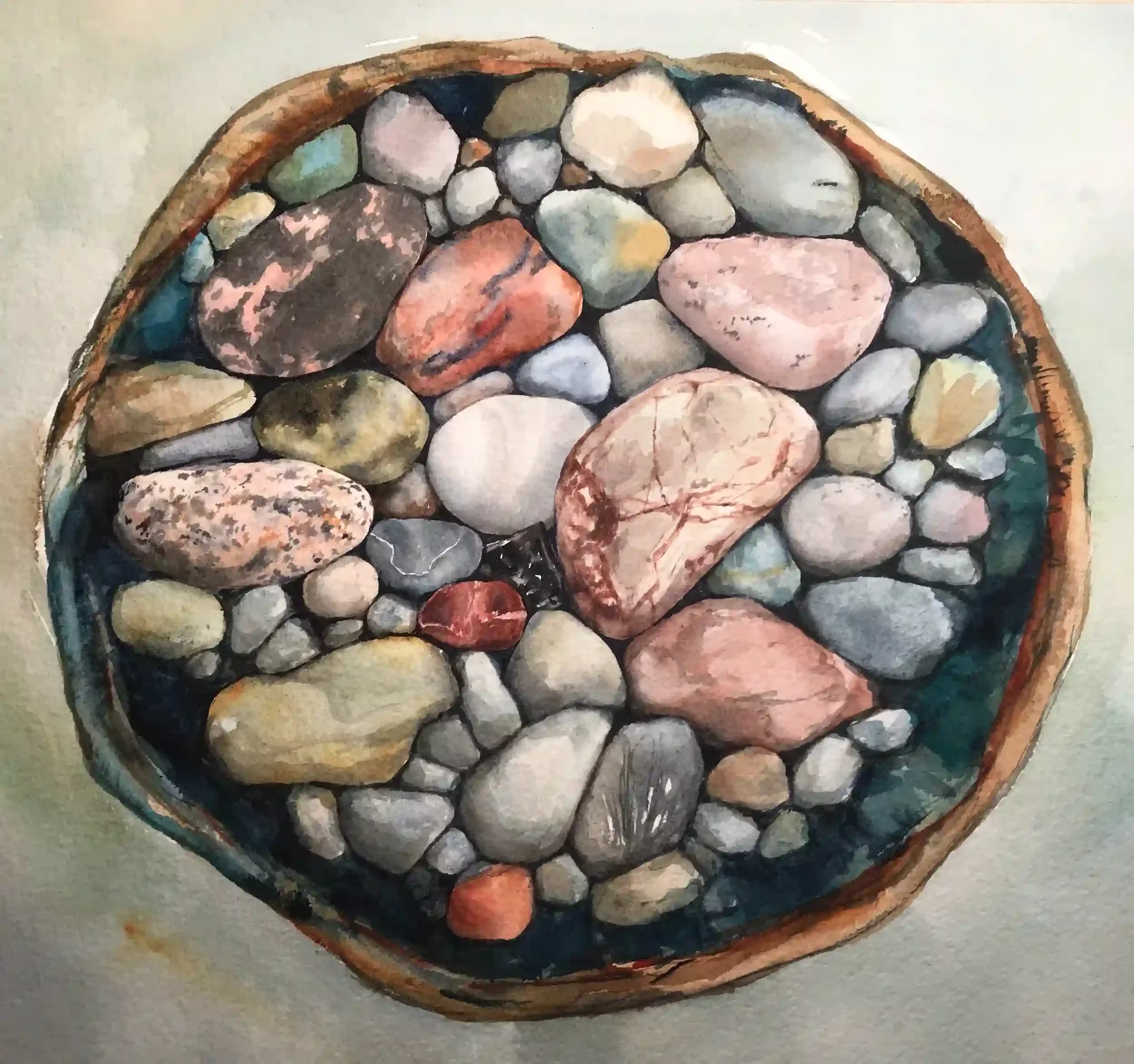  Stone Soup  Watercolor, 21-1/8 x 21" Wood frame, white mat. 2019. $950