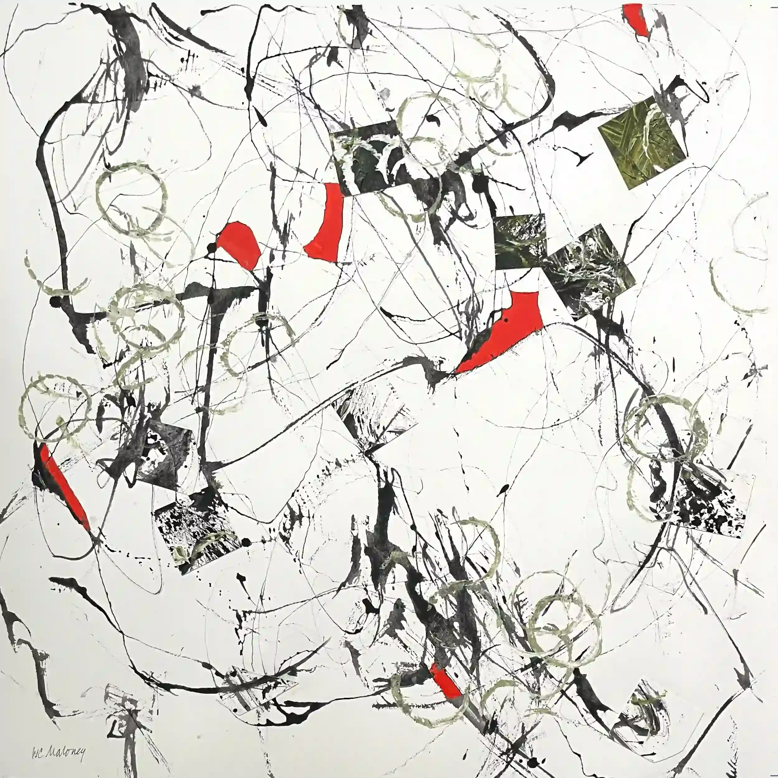  Hatching  Mixed media and collage on paper, 24-1/4 x 24-1/4" Black metal frame, white mat. 2026. $1275