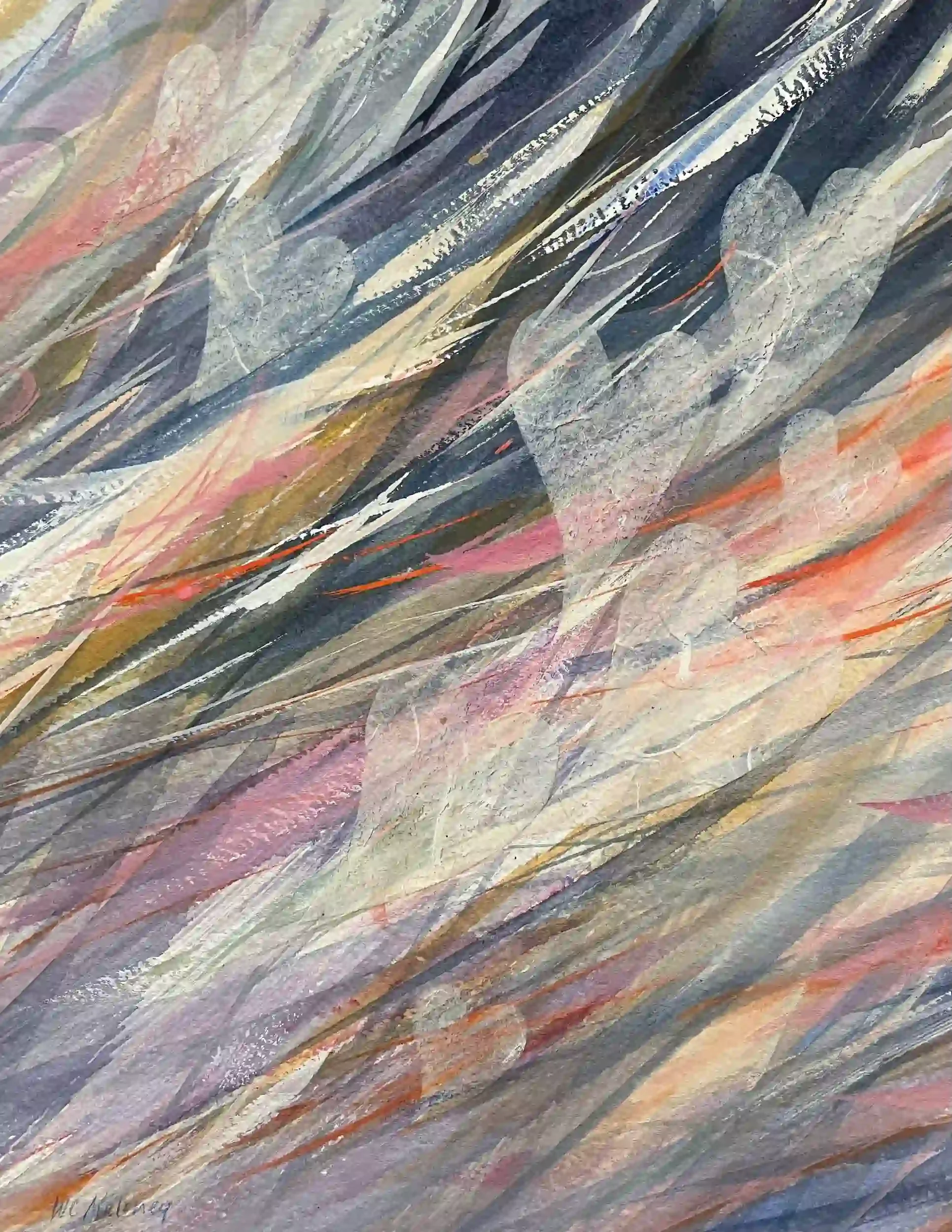  Swept Away, Again  Mixed media and collage on paper, 17-3/8 x 15" Brushed silver metal frame, white mat. 2026. $825
