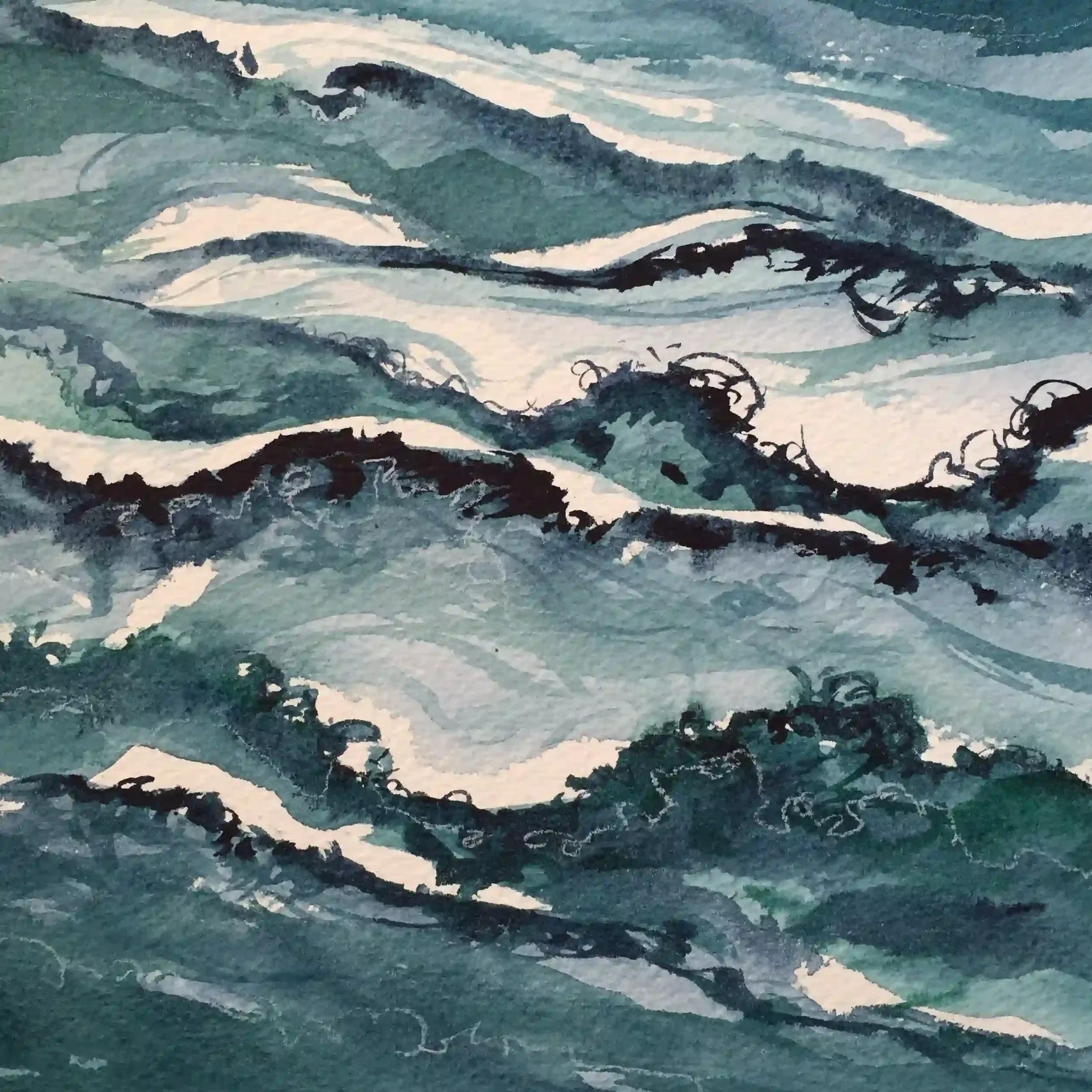  Maine Frenetic  Watercolor, 13-3/4 x 13-3/4" Dark, distressed, beveled wood frame, white mat. 2015. $675