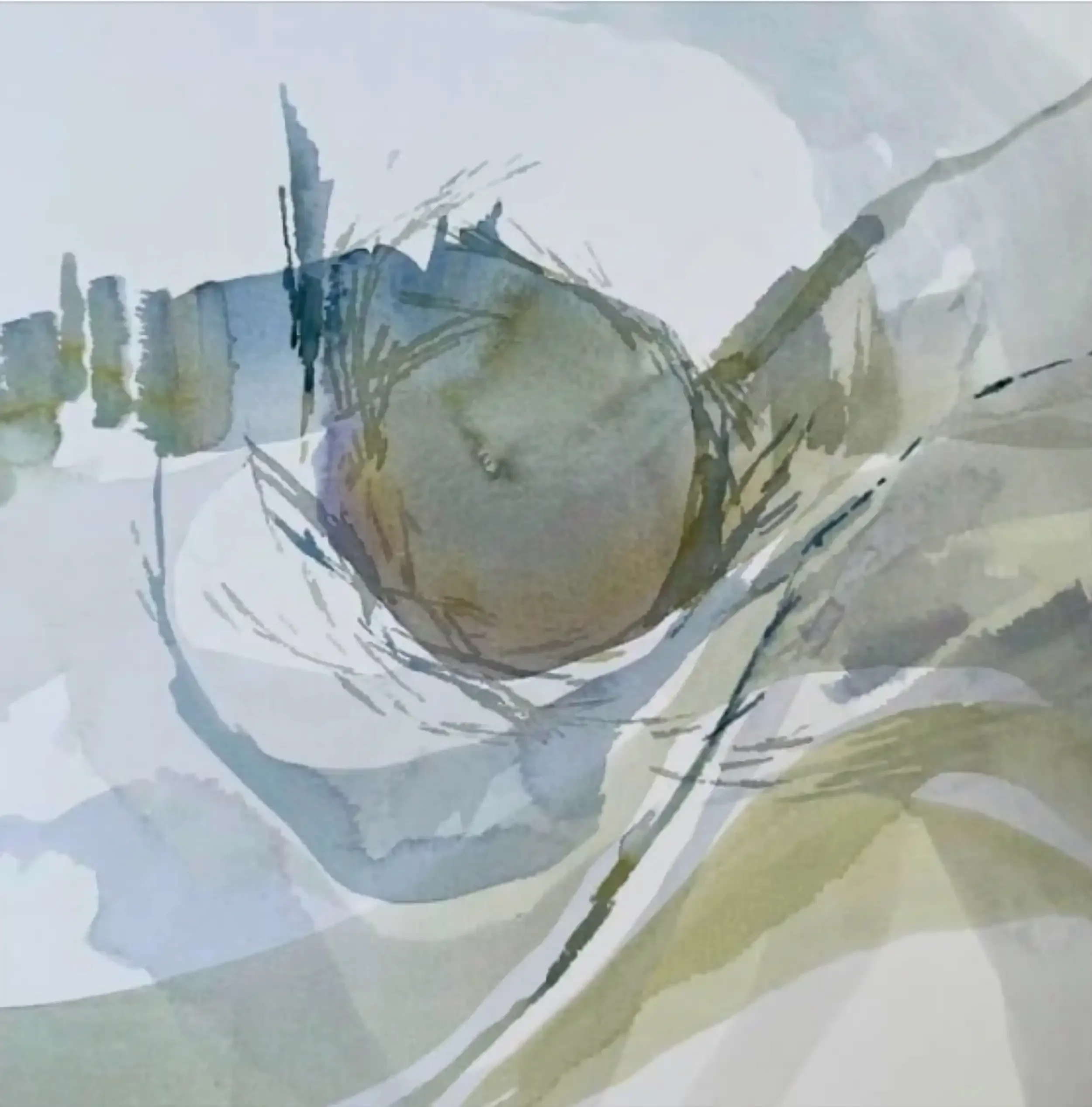  Unexpected Pleasures  Watercolor, 16-1/4 x 15-1/2" Brushed silver metal frame, white mat. 2023. $725