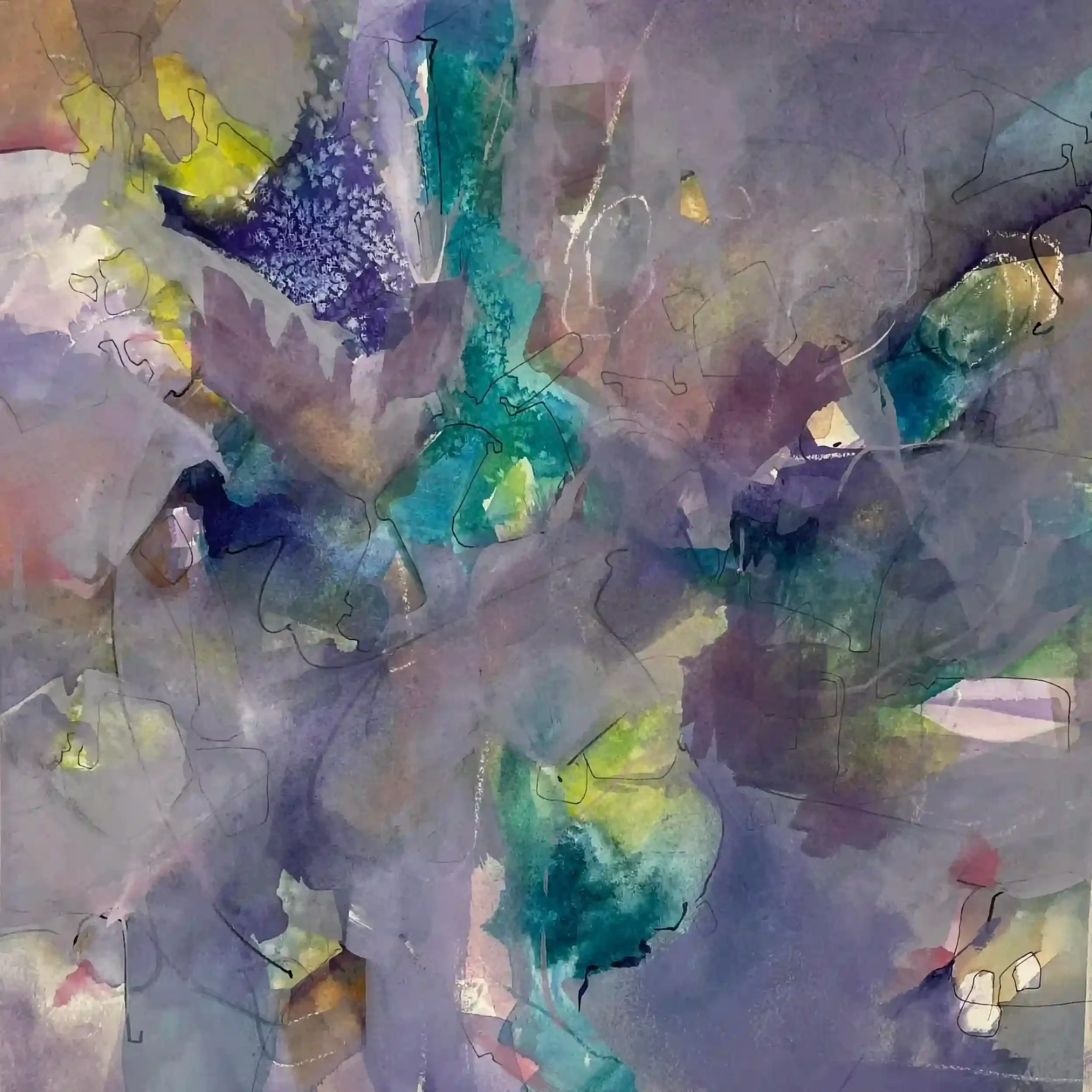  Lavender Dream  Mixed media, 20-1/8 x 20-1/8" Brushed silver metal frame, white mat. 2023. $1025