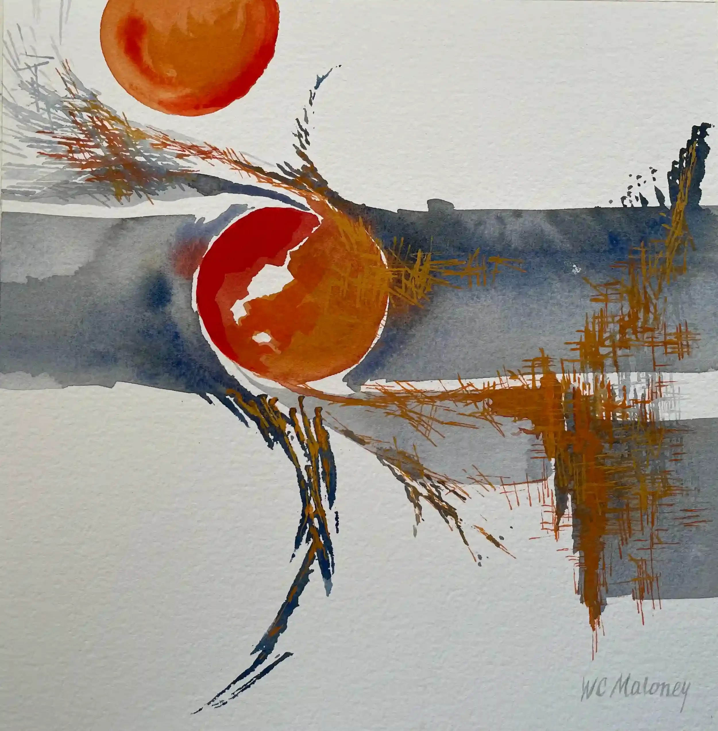  Unearthing The Sun  Watercolor, 16-1/2 x 16-1/4" German silver metal frame, white mat. 2023. $725