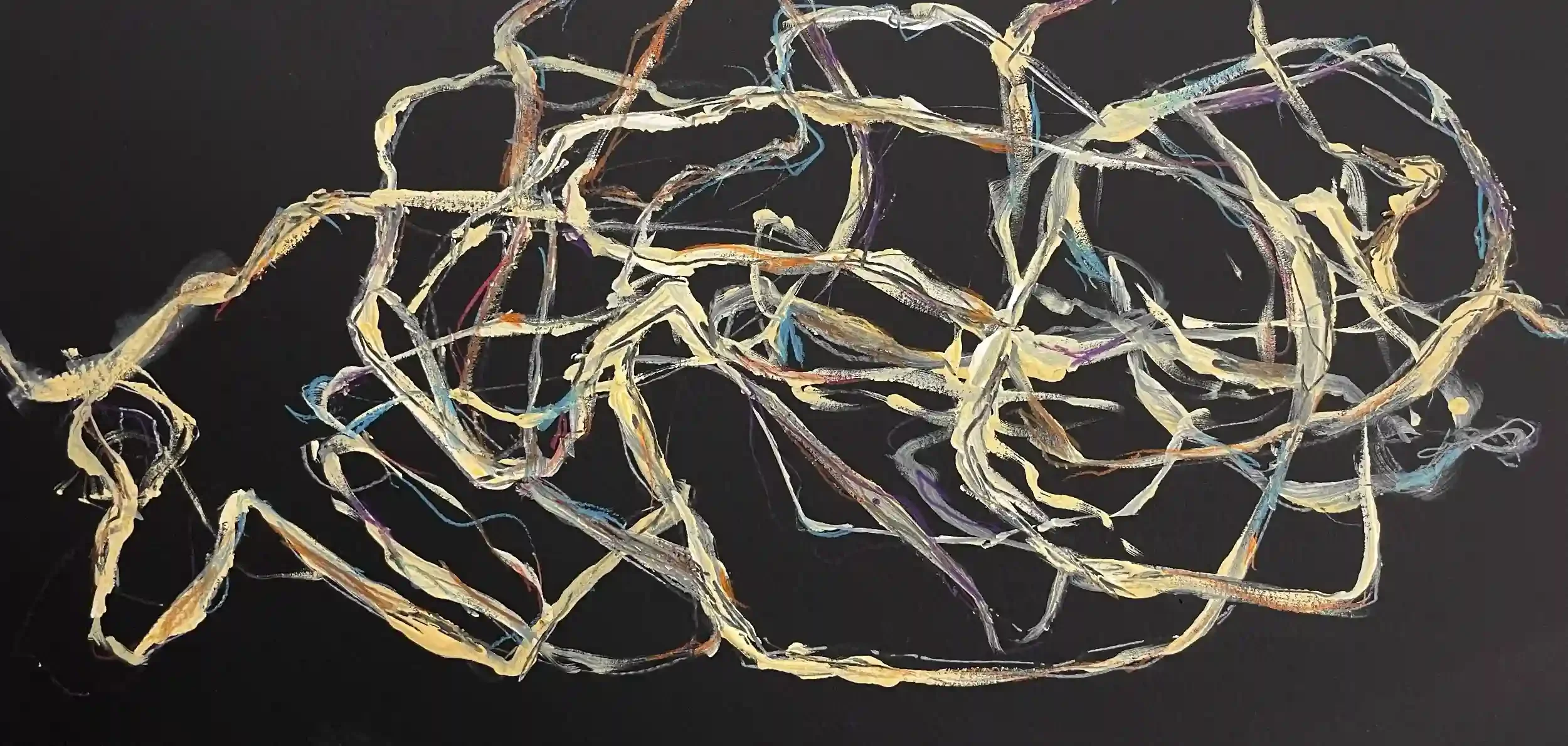  Circuitous  Mixed media on paper, 12-3/8 x 19-3/4" Black metal frame, white mat. 2026. $875